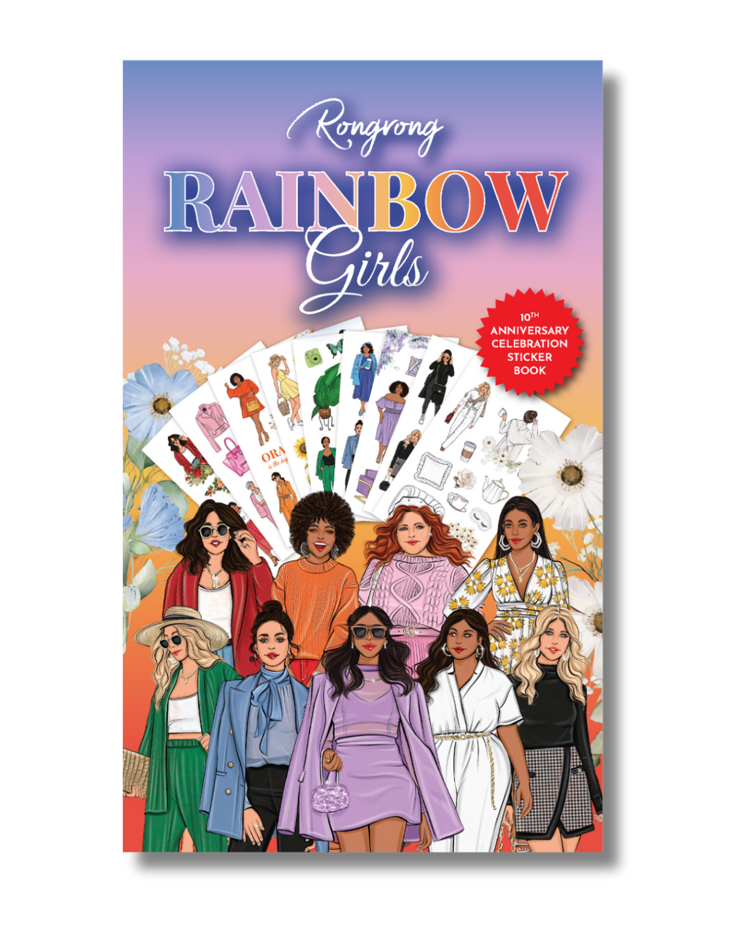 Sticker book cover featuring vibrant, hand-drawn illustrations of diverse girls in colorful outfits and rainbow accents.