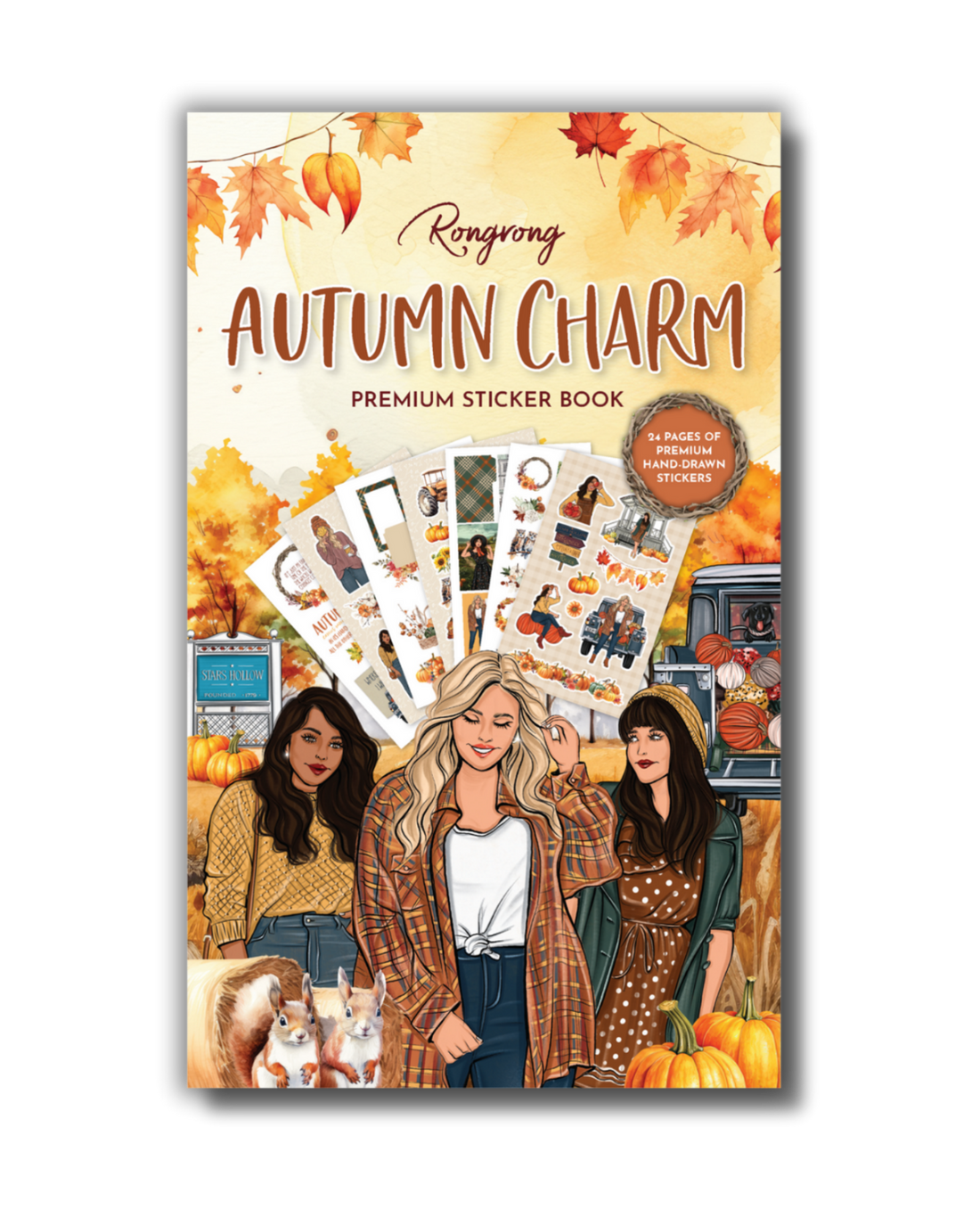 Sticker book cover adorned with vibrant autumn illustrations, featuring colorful leaves and cozy elements in warm hues.