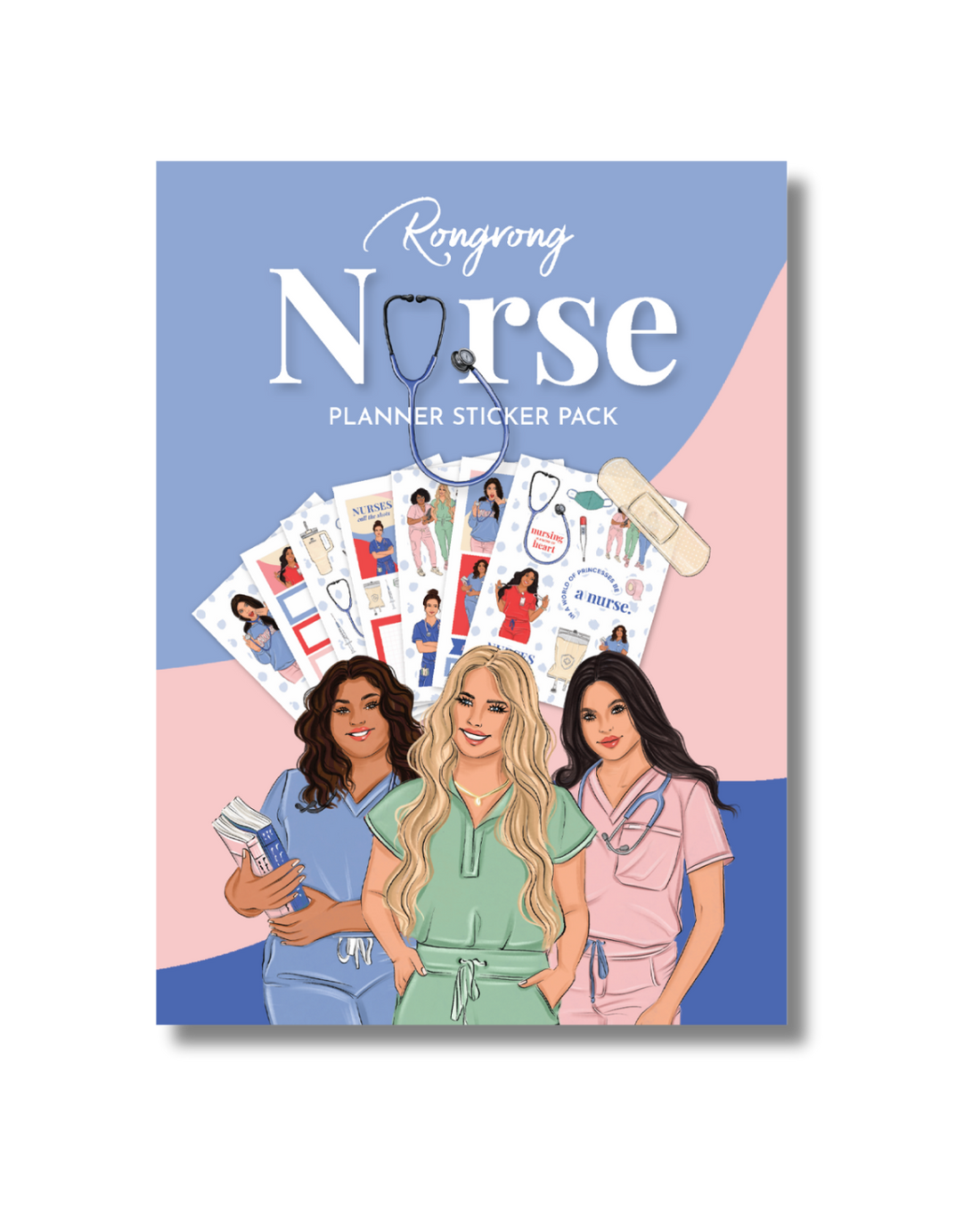 Sticker pack cover featuring vibrant nurse-themed illustrations, including stethoscopes, hearts, and medical icons.