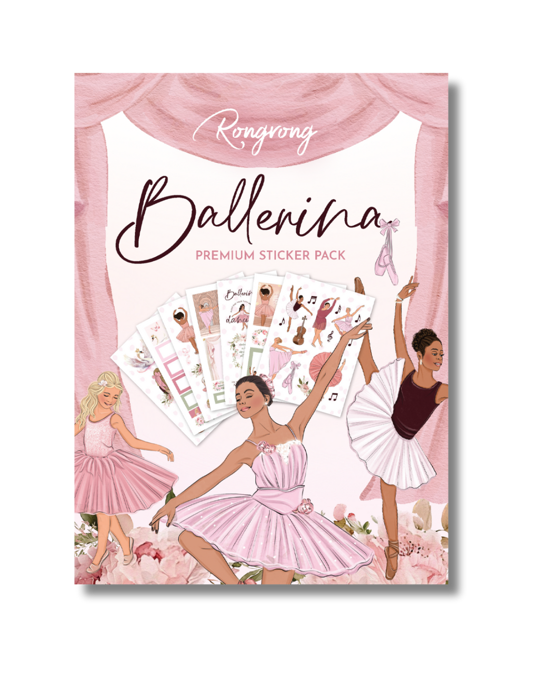 Sticker pack cover featuring a graceful ballerina in a pink tutu, surrounded by elegant dance-themed designs.