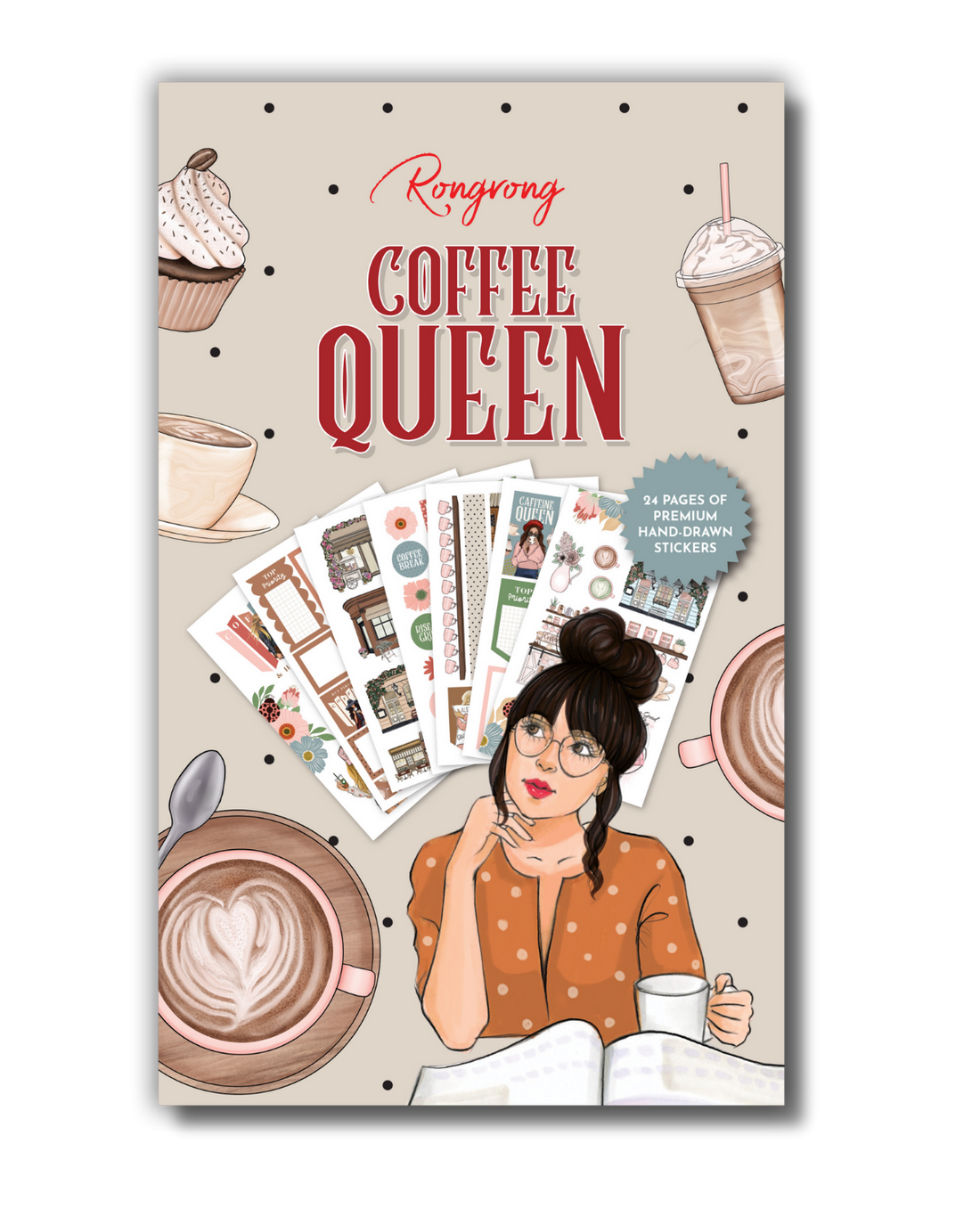 Sticker book cover featuring chic coffee-themed designs, including coffee cups, beans, and stylish colors.