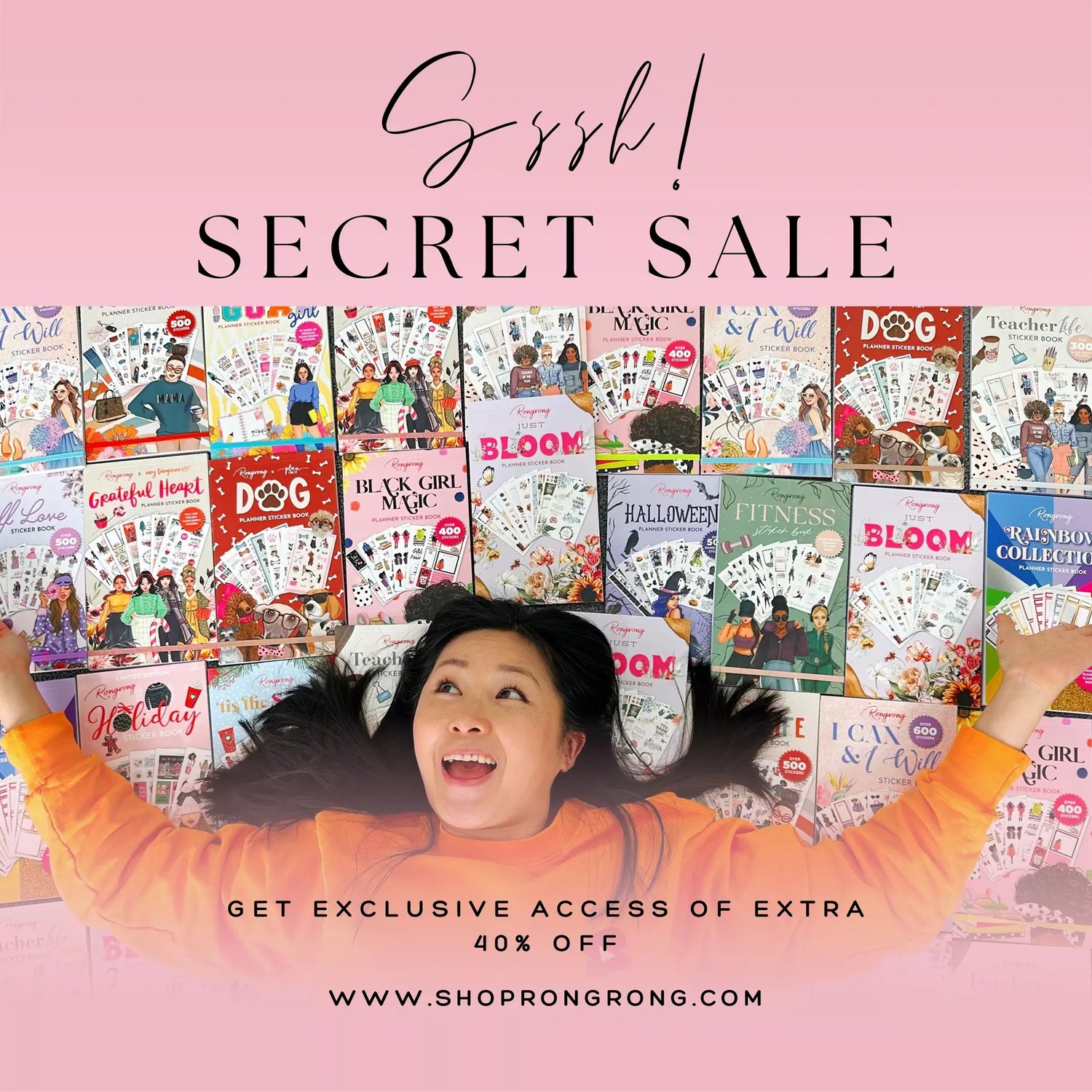 Woman surrounded by books, arms outstretched, with text Secret Sale.