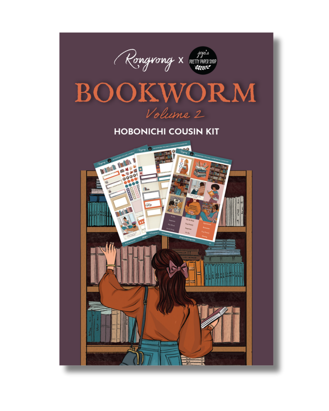 Sticker book cover featuring whimsical book-themed designs, including colorful books and cozy reading elements.