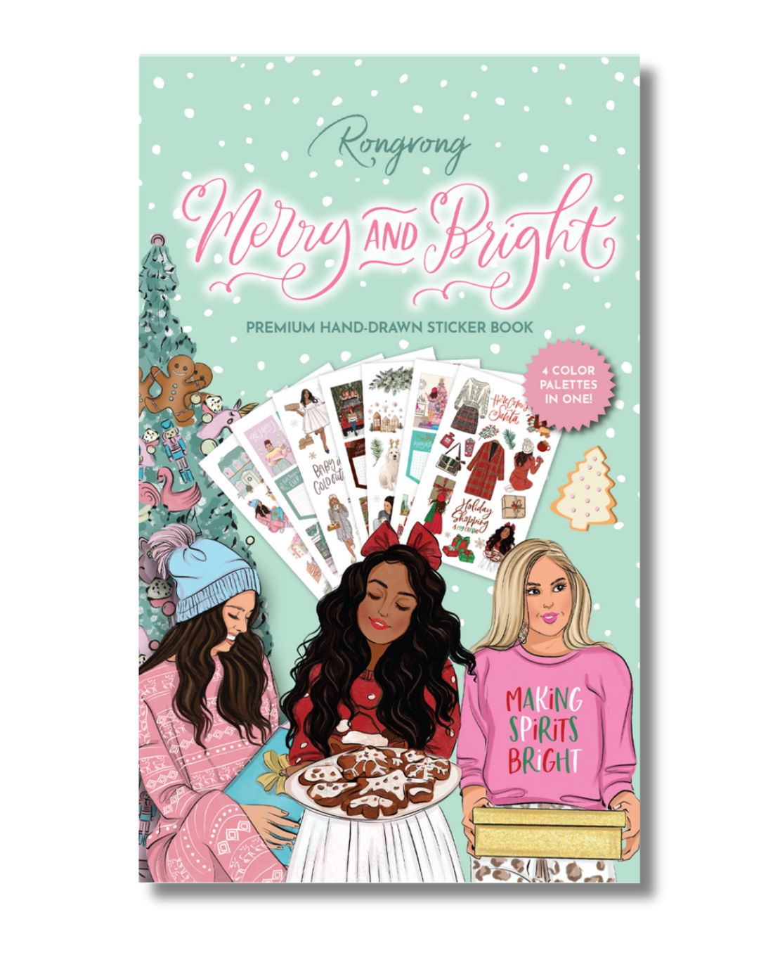 Sticker book cover adorned with cheerful holiday illustrations, featuring vibrant colors and festive lettering.