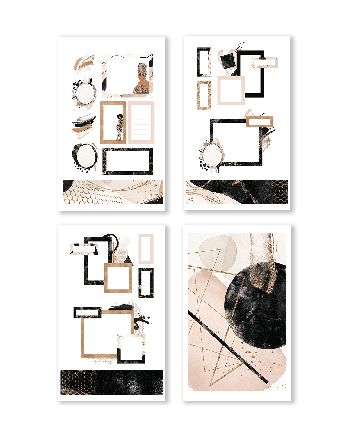 Set of four abstract art prints with geometric shapes on a white background