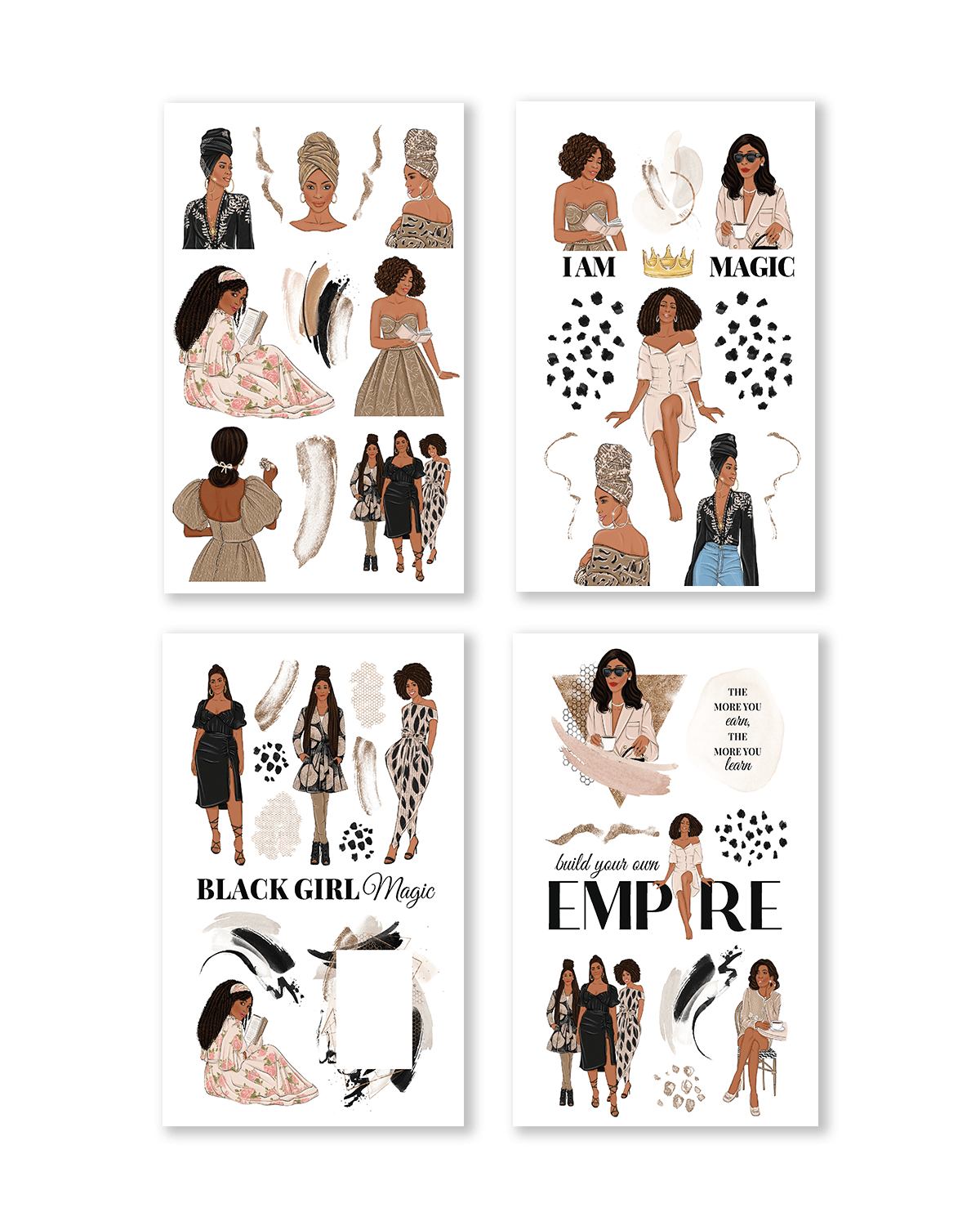 Set of four posters featuring illustrated women with empowering text on a white background