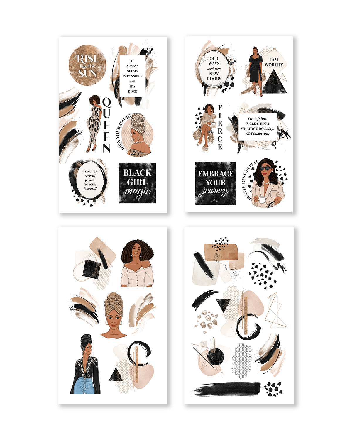Set of six motivational posters with women and quotes on a white background