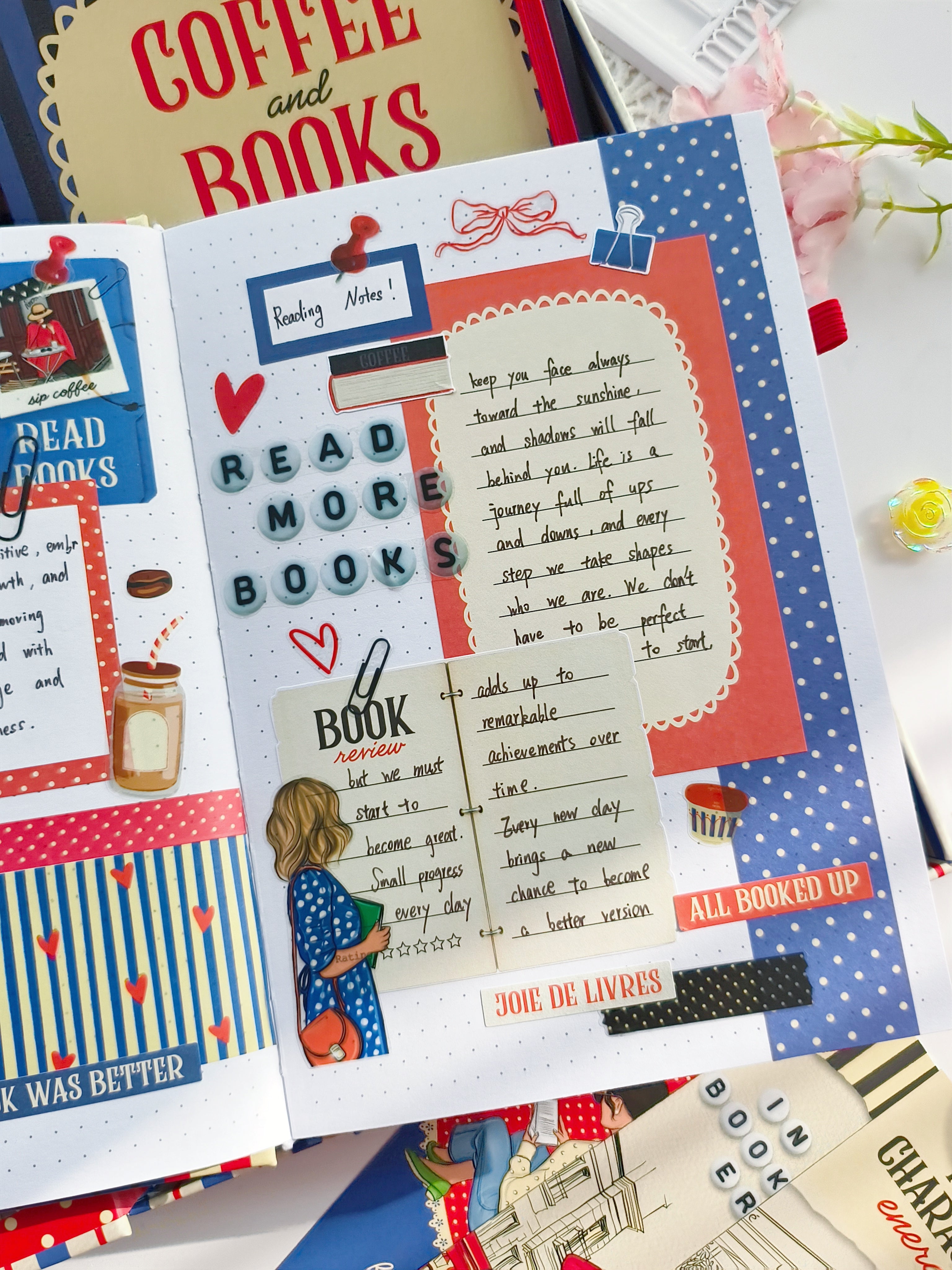 Decorative book with motivational quotes and illustrations on a colorful background