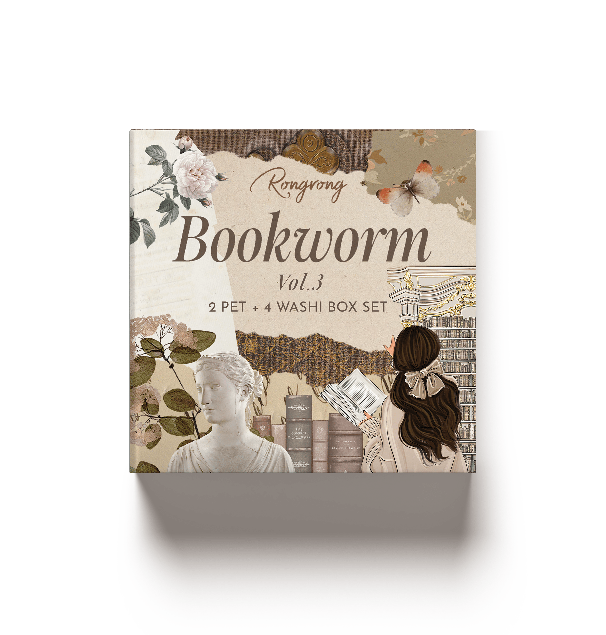 Bookworm Vol. 3 washi box set packaging with illustrations and text on a white background