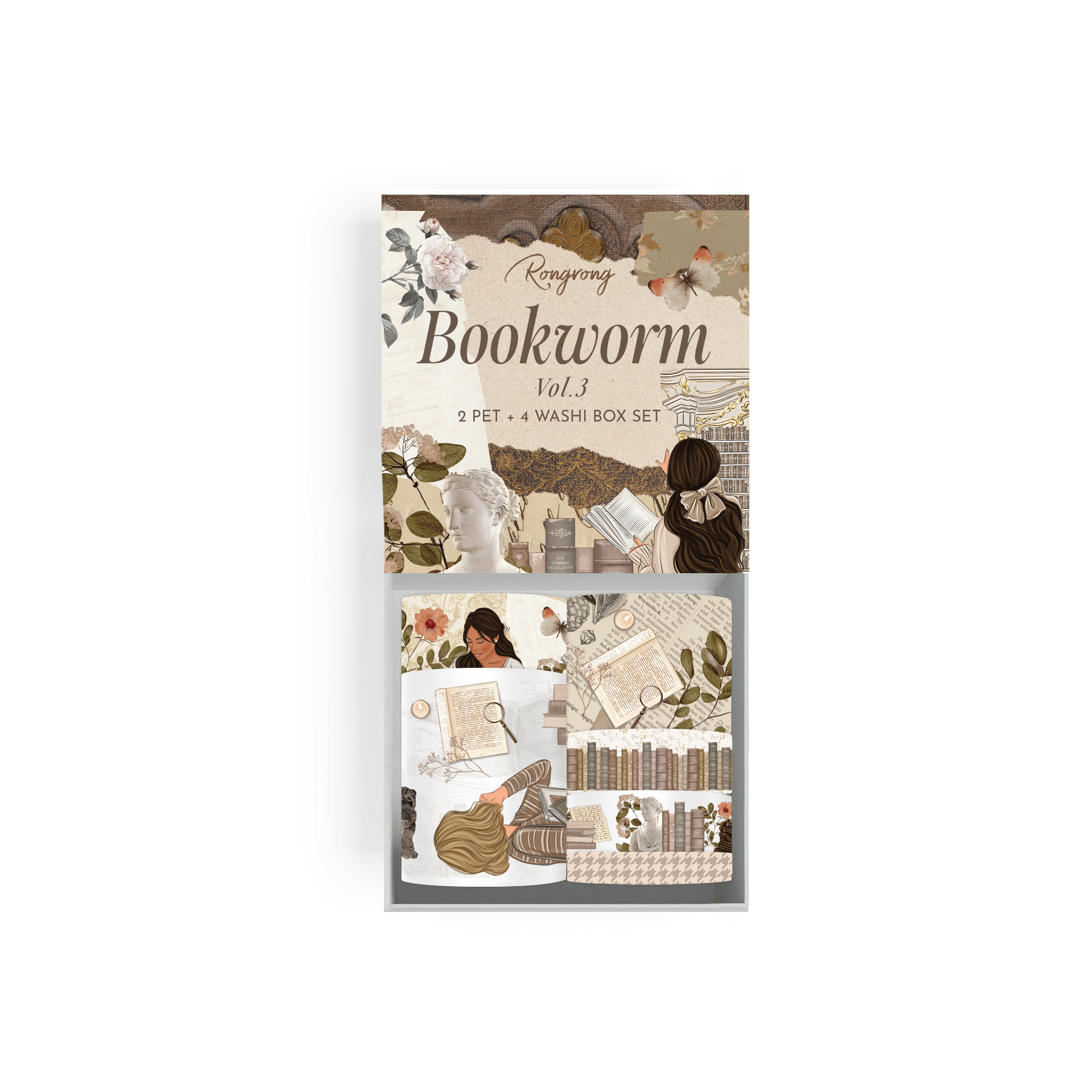 Book-themed PET and washi tape set in a collectible box for readers and journalers