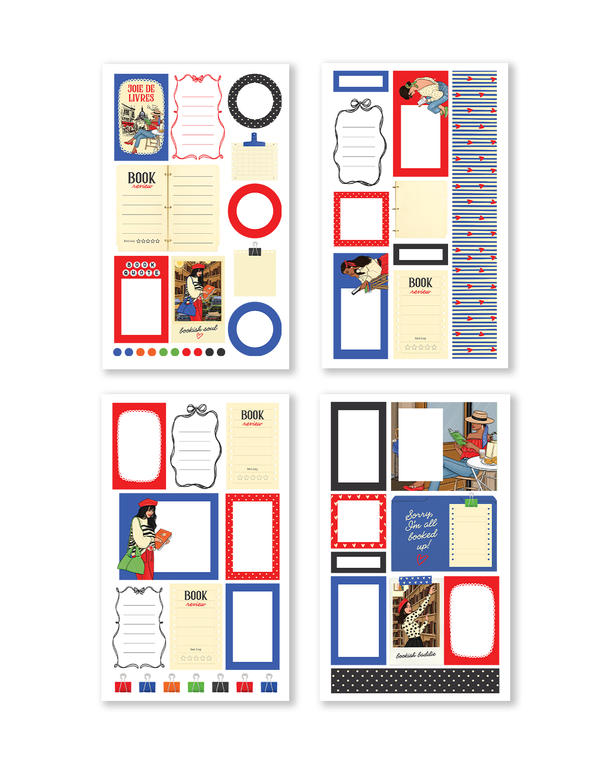 Collection of colorful stationery items with various designs on a white background