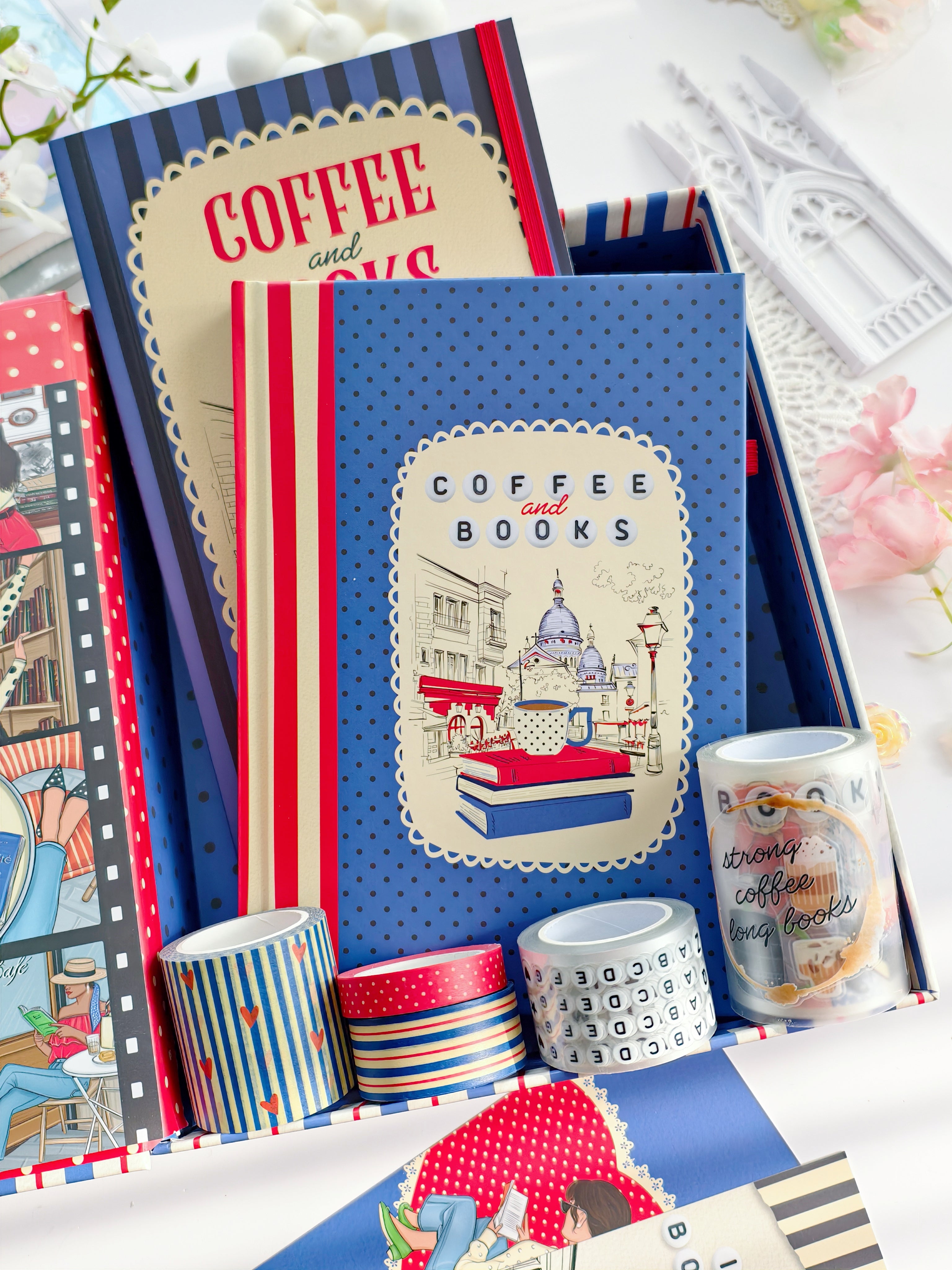 Coffee and Books stationery box featuring sticker books, washi tapes, bookmarks, and coordinating reading journal accessories.