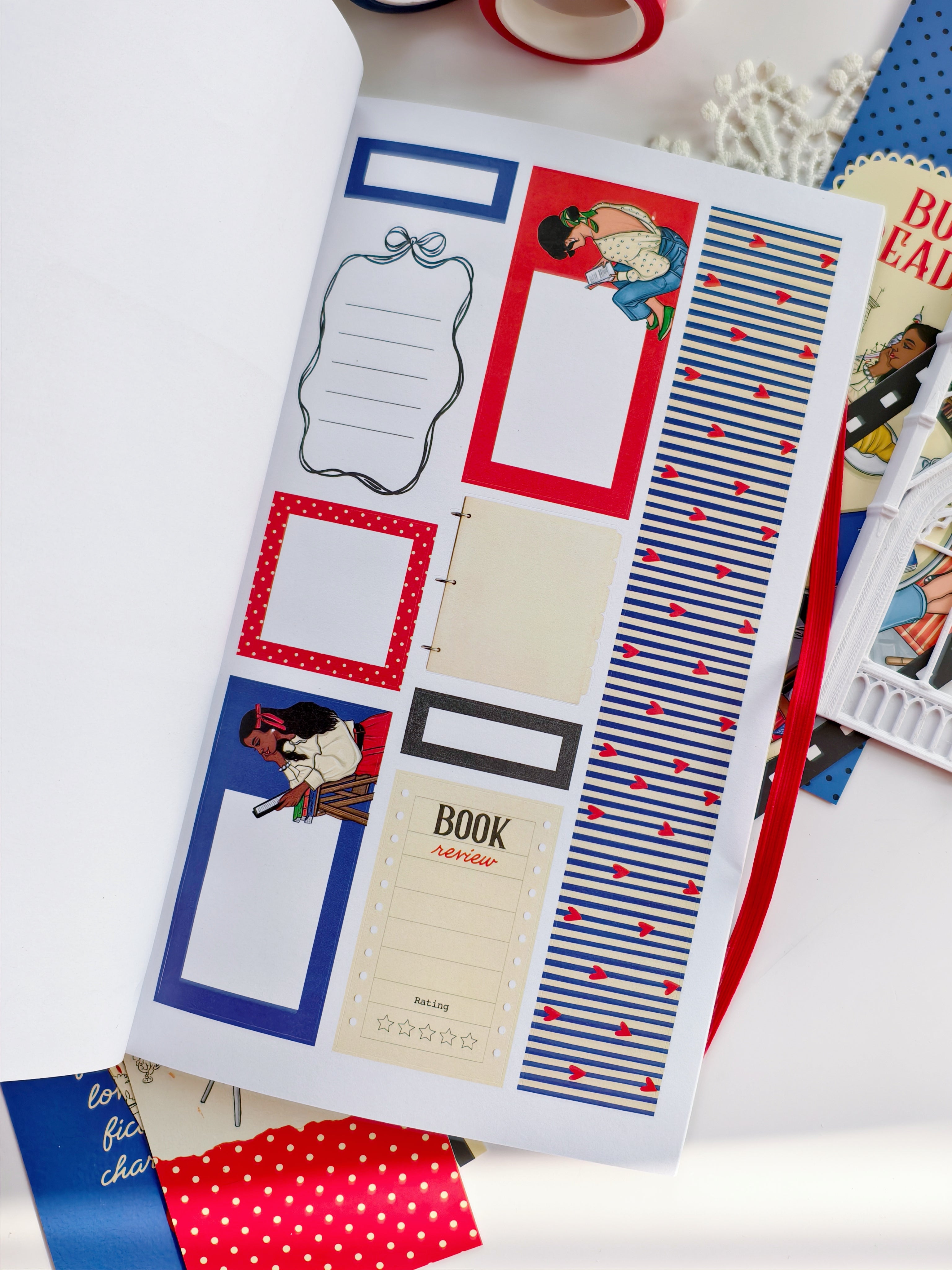 Functional reading journal sticker collection featuring labels, reading trackers, journaling inserts, and decorative planner frames.