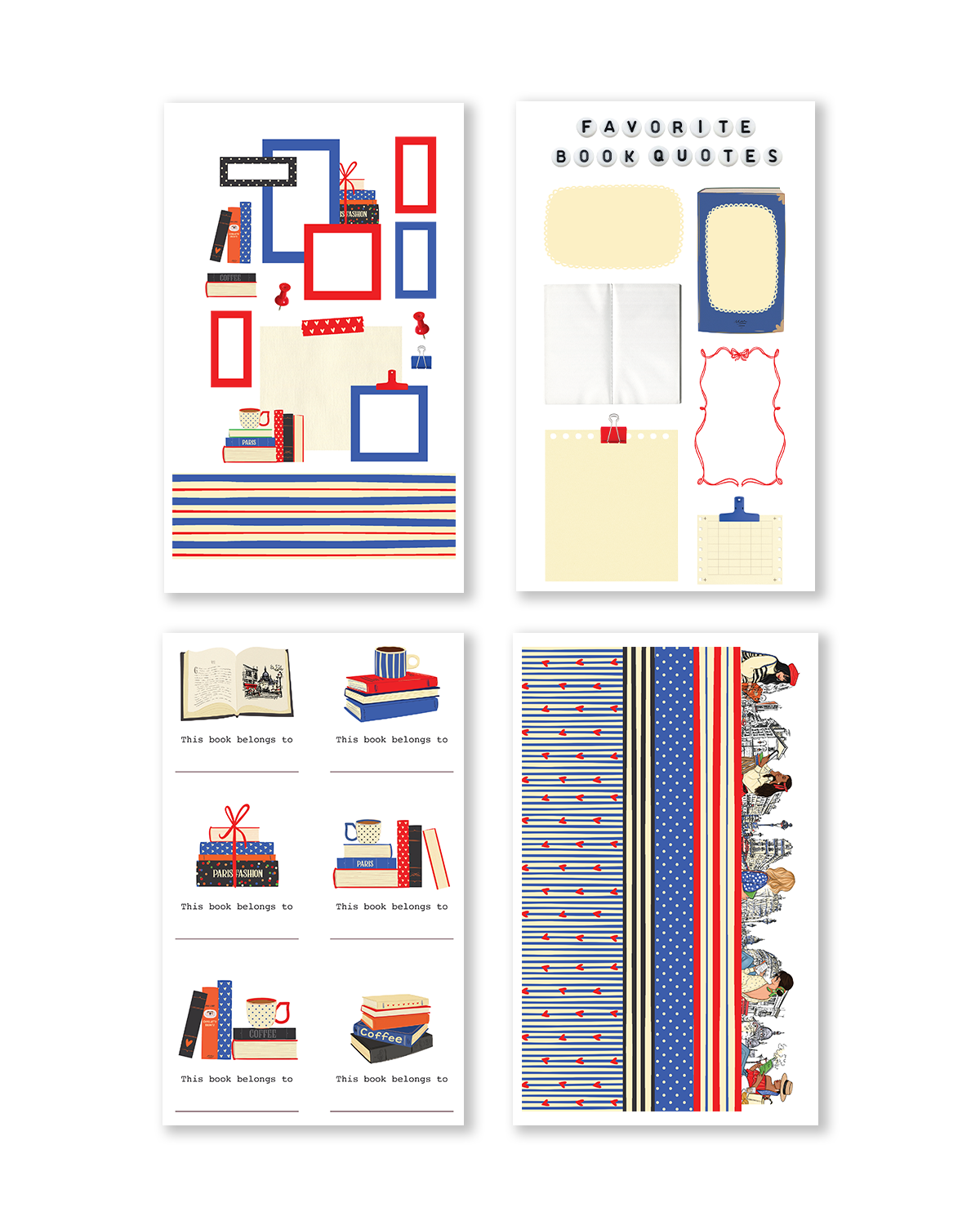 Set of book-themed stationery items with various designs on a white background