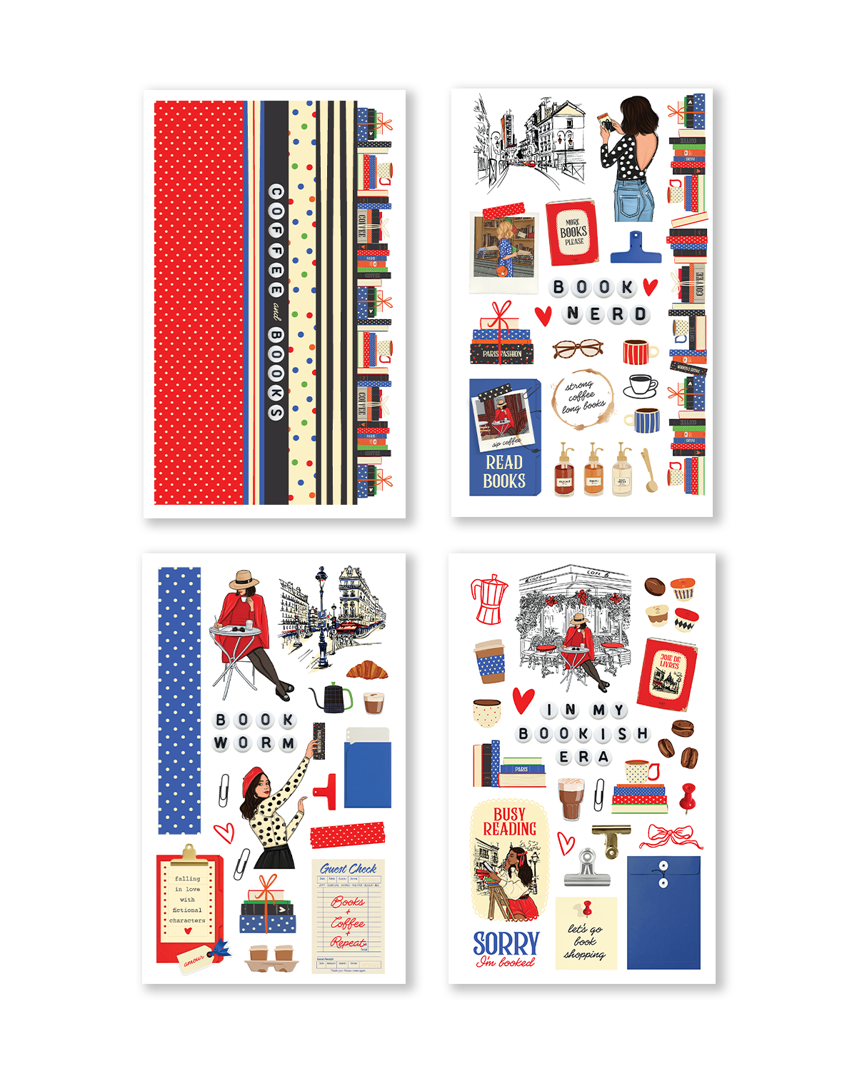 Set of four decorative paper sheets with various designs on a white background