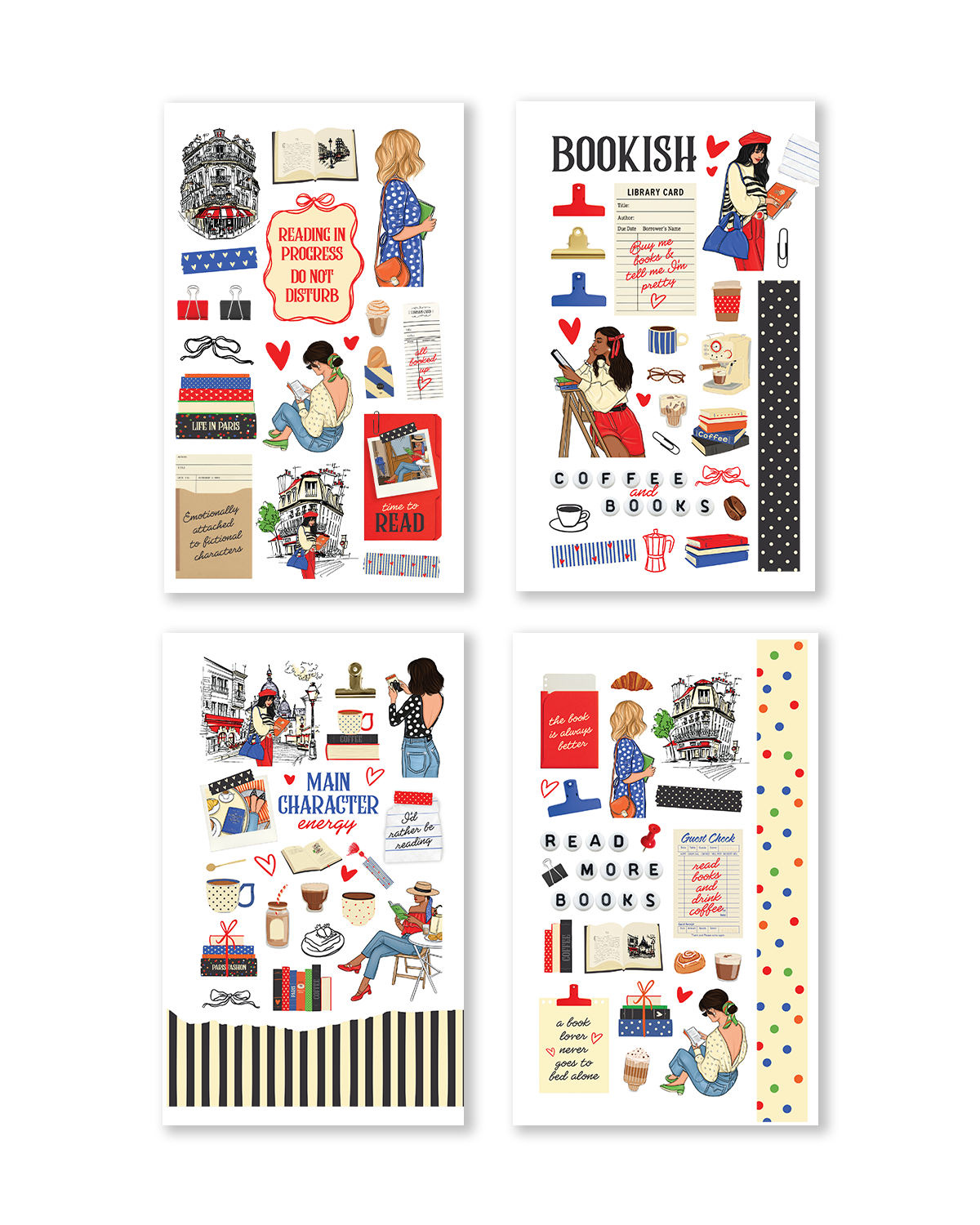 Set of four book-themed decorative stickers on a white background