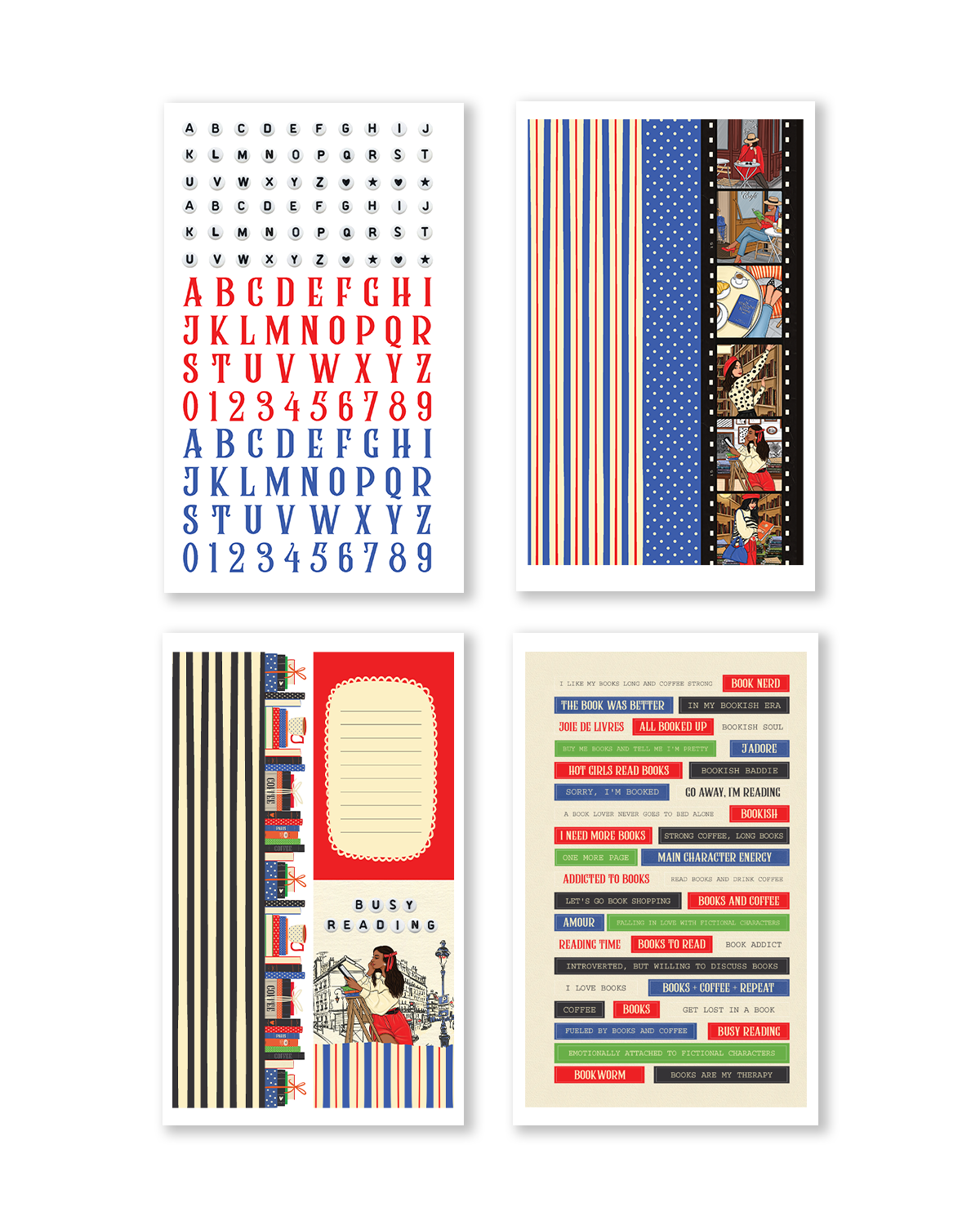 Set of four decorative prints with various designs on a white background