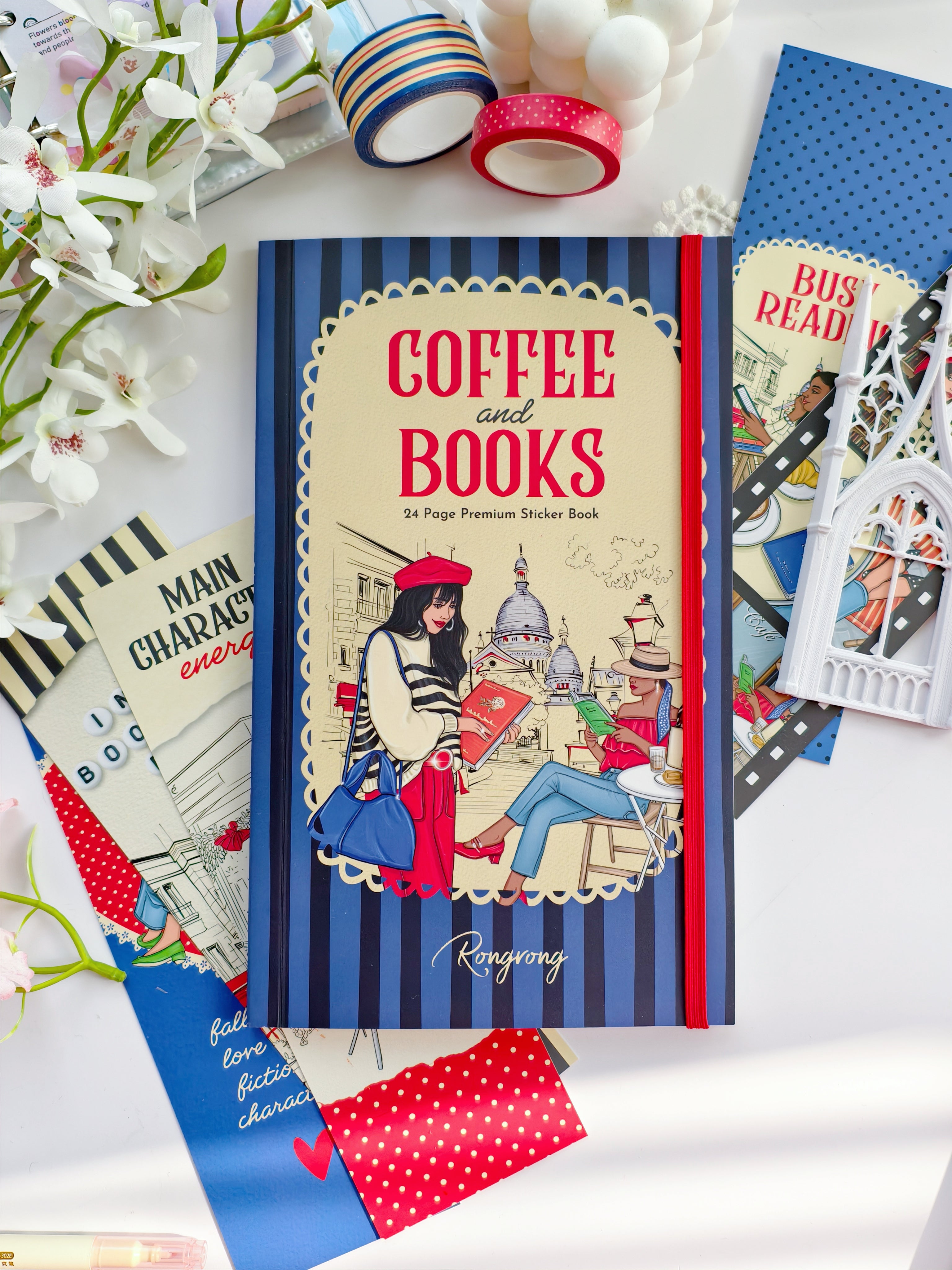Coffee and Books premium sticker book cover featuring fashion illustrations, café scenes, and Paris-inspired literary artwork.