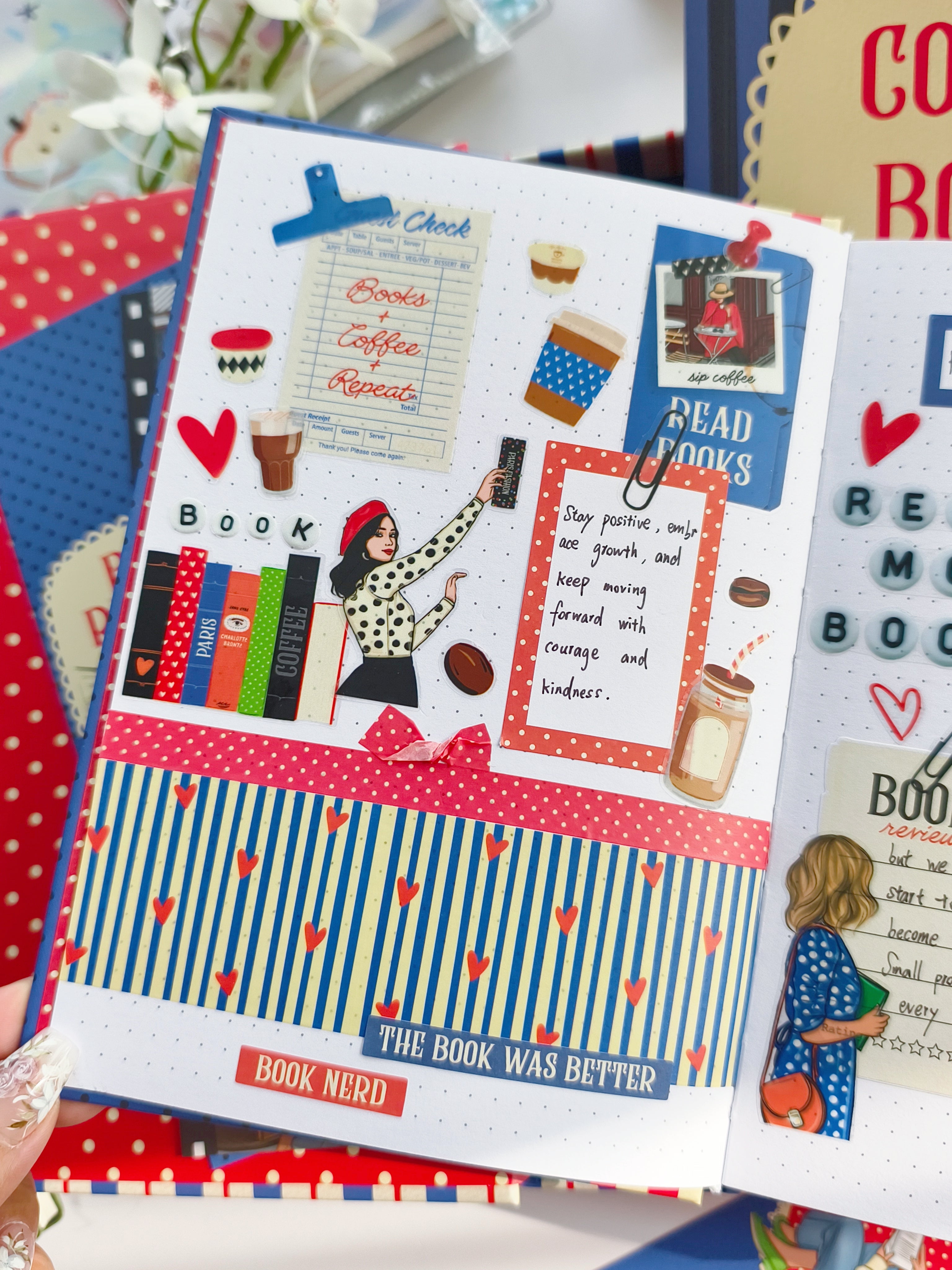 Coffee and Books sticker collection used in a colorful reading journal spread with coffee-themed planner stickers, reading notes, and decorative bookish elements.