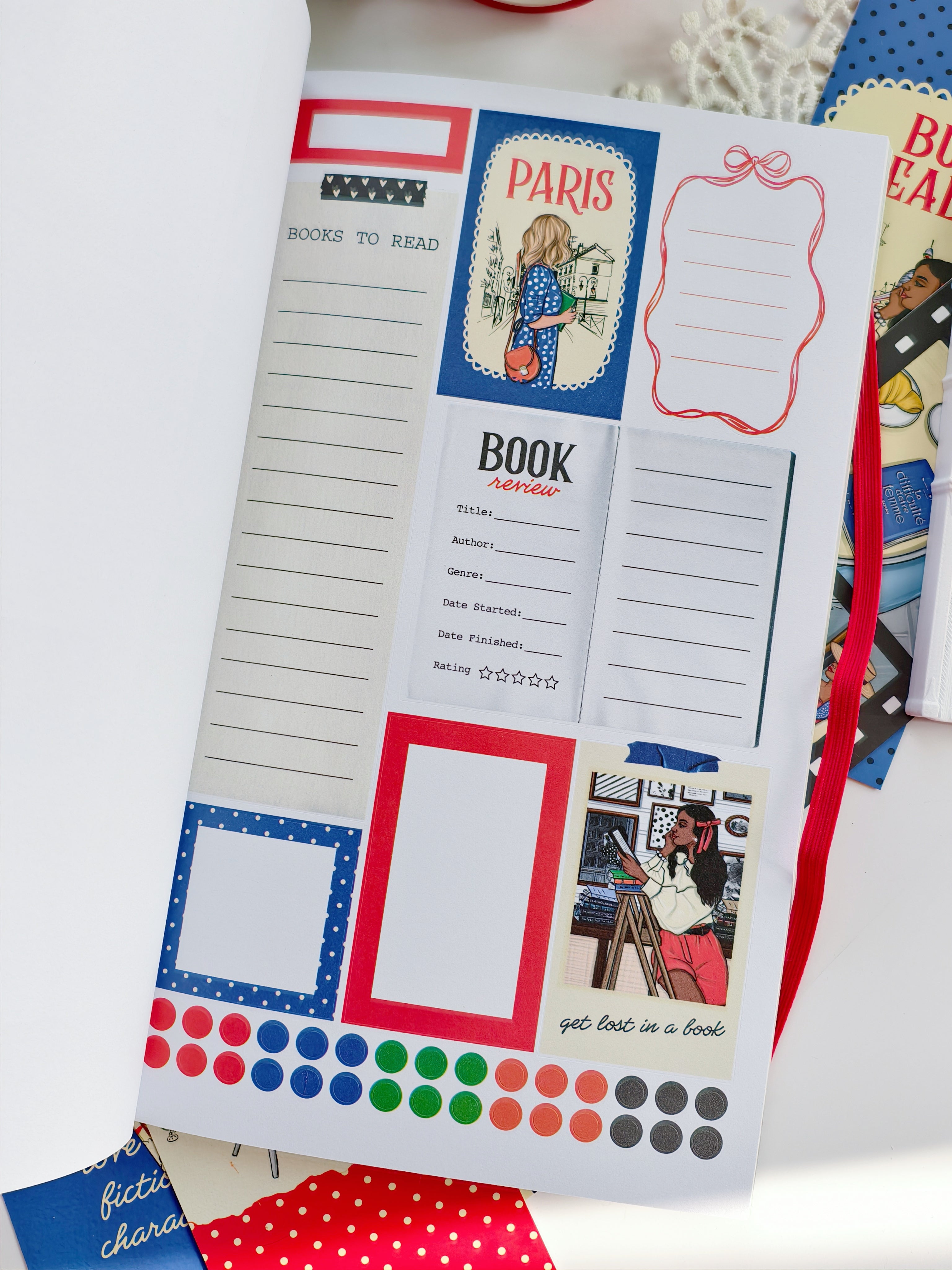Functional planner sticker sheet with reading trackers, journaling boxes, labels, and decorative reading-themed elements.