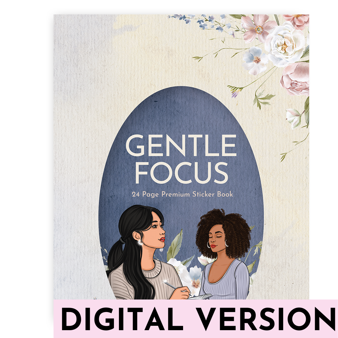 Gentle Focus Digital Sticker Book cover featuring soft floral artwork, calming blue tones, and illustrated women journaling