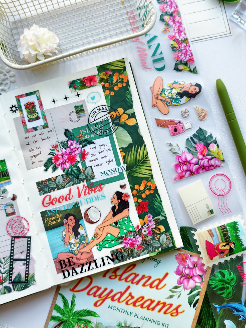 Aesthetic planner spread made with the Island Daydreams Monthly Planning Kit featuring tropical florals, island-inspired fashion illustrations, beach-themed ephemera, postcard stickers, and vibrant Hawaiian vacation vibes.