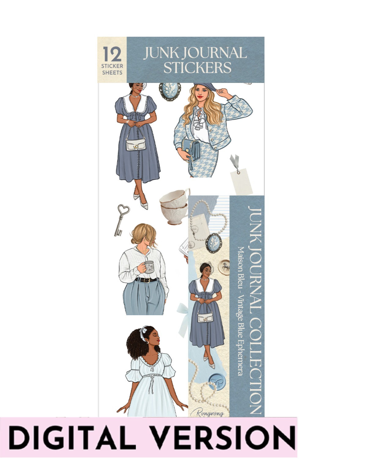 Maison Bleu Vintage Blue Ephemera Sticker Sheet Set featuring elegant fashion illustrations in soft blue and cream tones, vintage-inspired dresses, pearl accents, cameo jewelry, teacups, bows, keys, and classic ephemera elements for planners, scrapbooks, junk journals, and memory keeping.