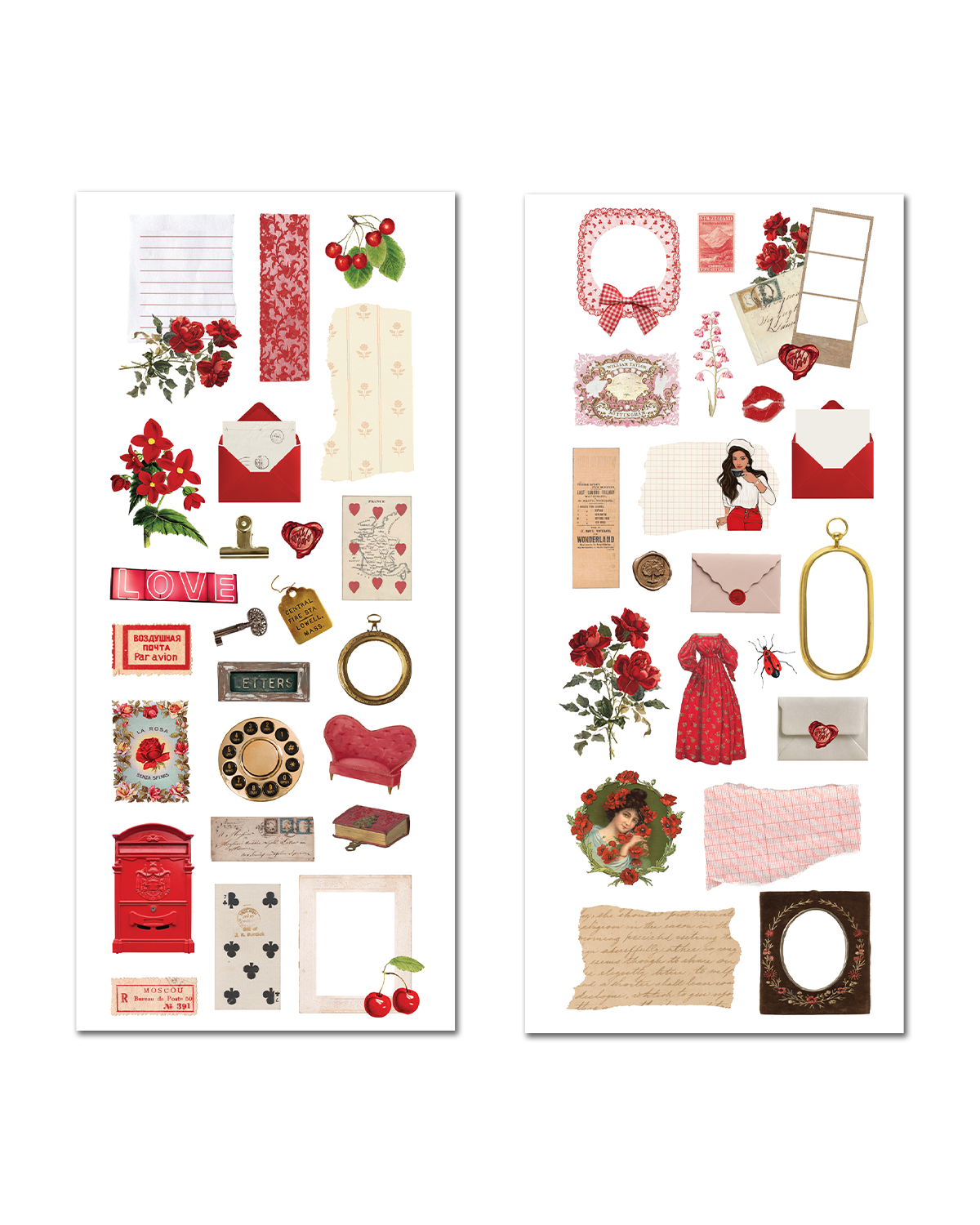 junk journal stickers vintage red theme scrapbook layering elements