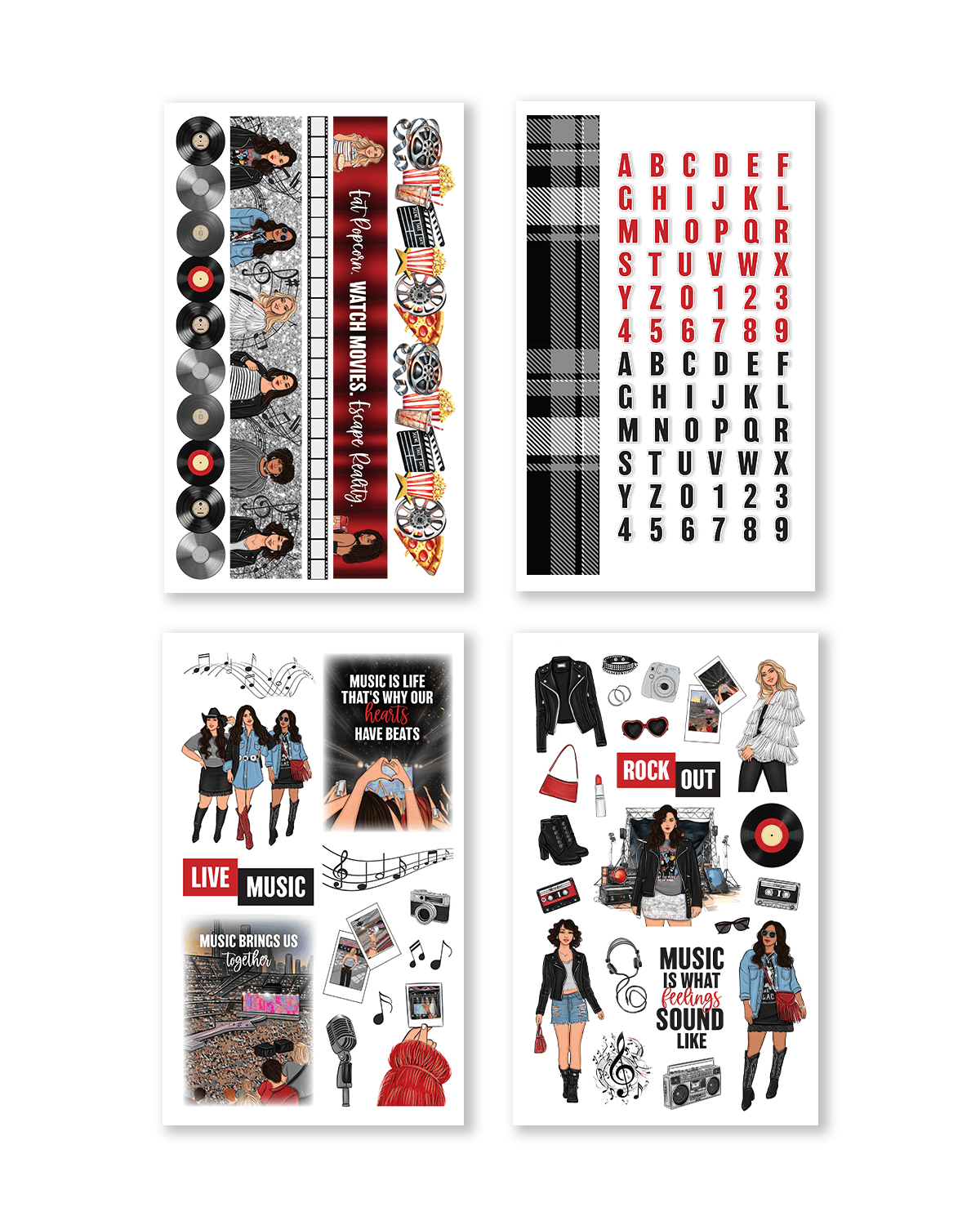 Set of decorative stickers with music-themed designs on a white background