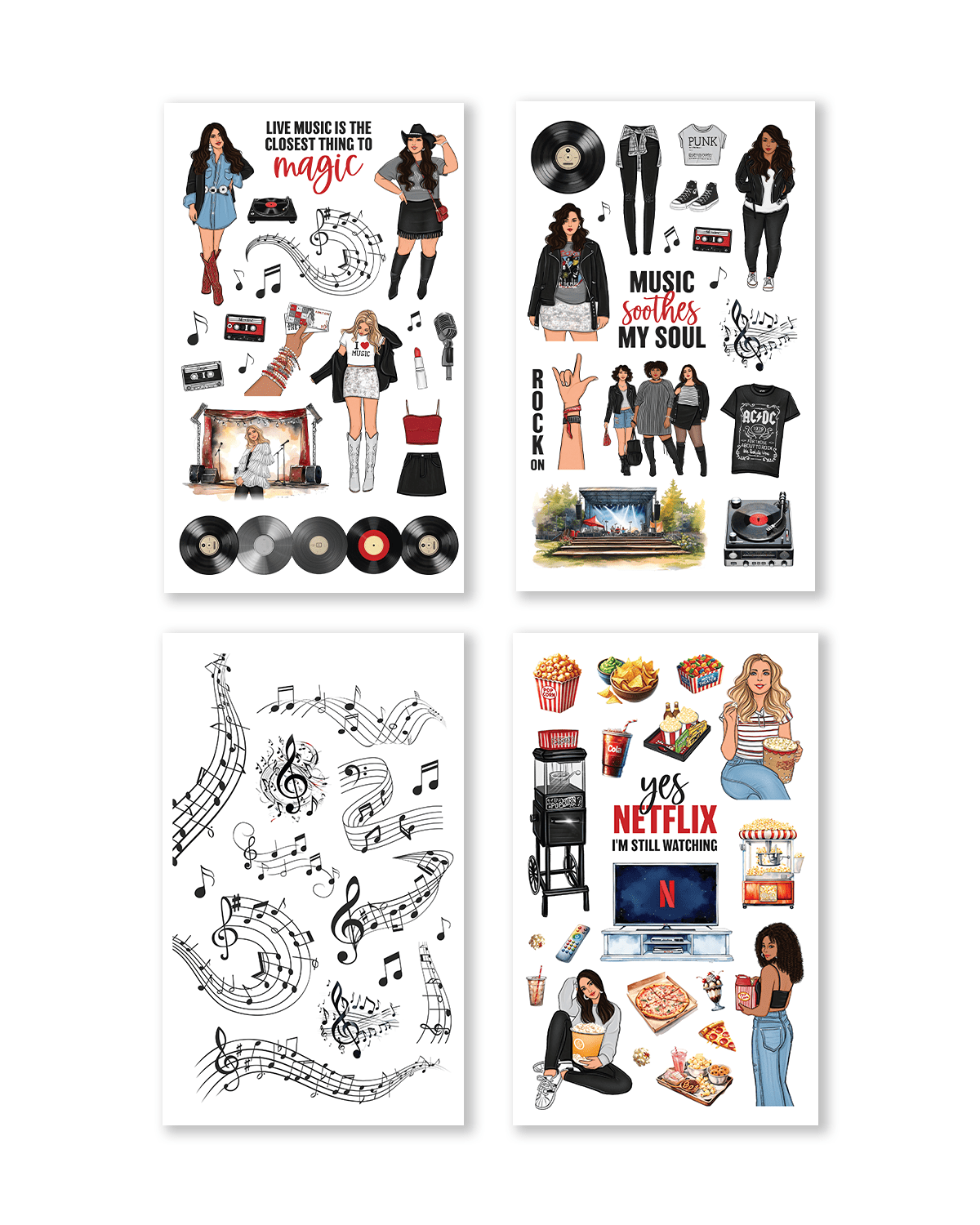 Set of four sheets of temporary tattoos with various designs on a white background.