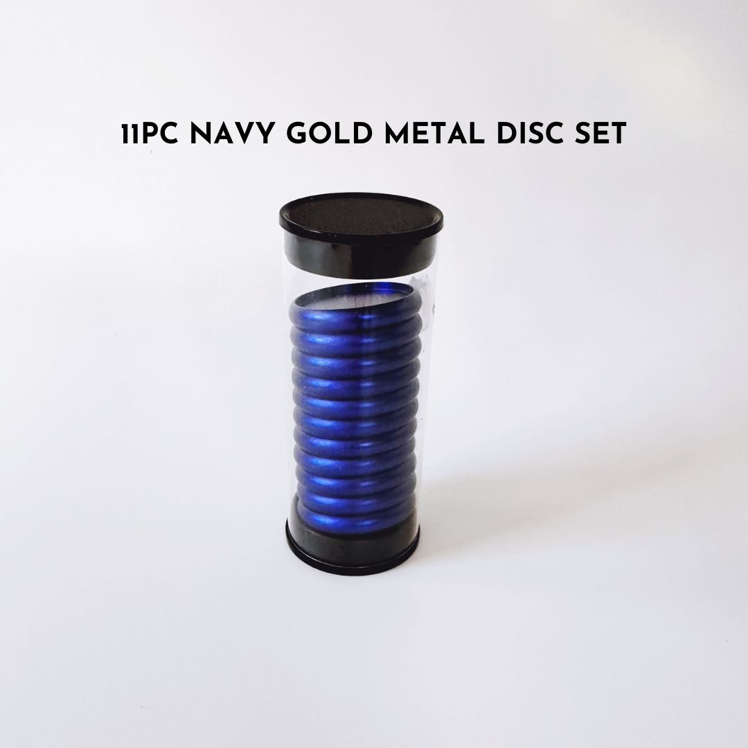 Navy blue metal disc set in clear tube