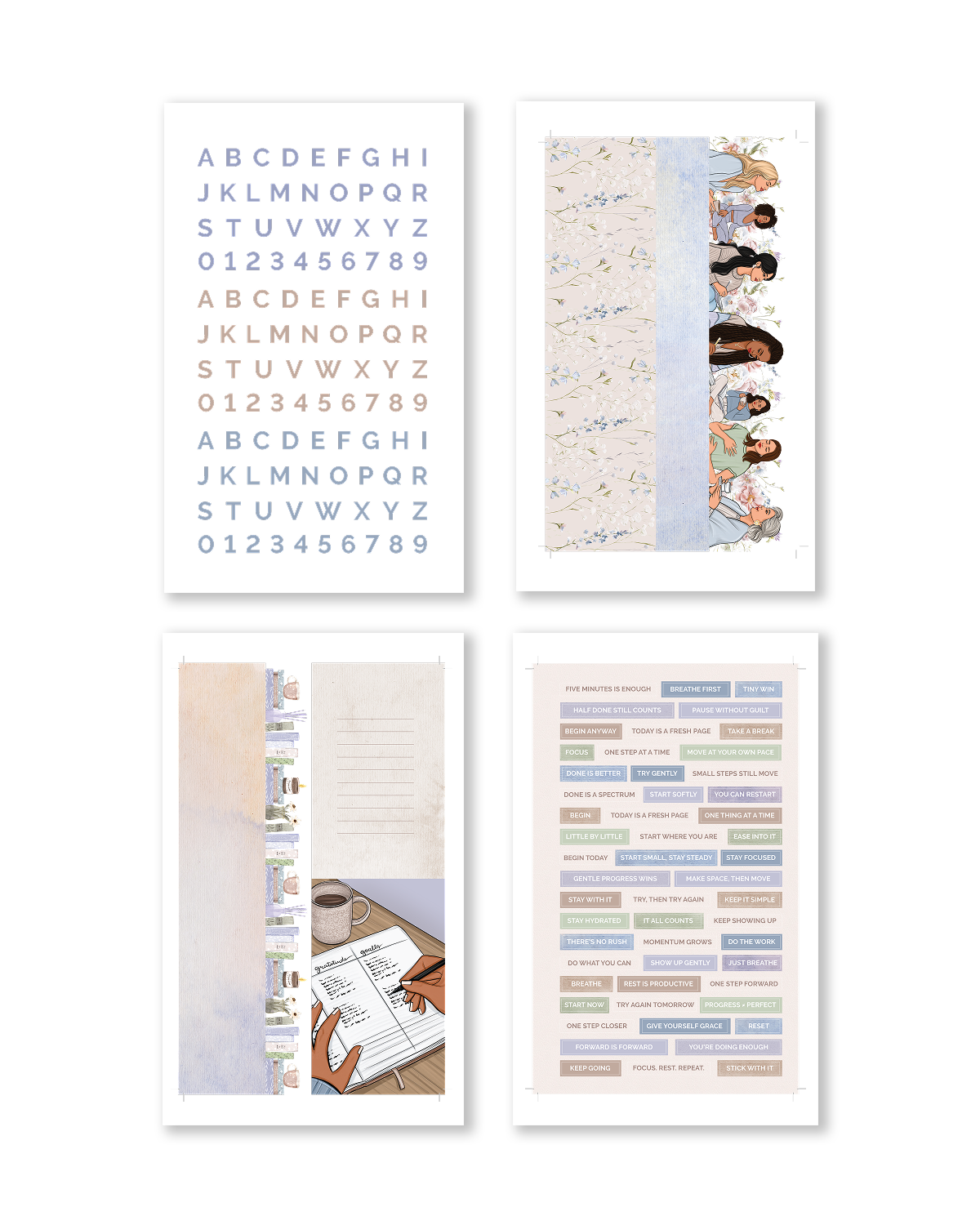 Set of four wall art prints with different designs on a white background