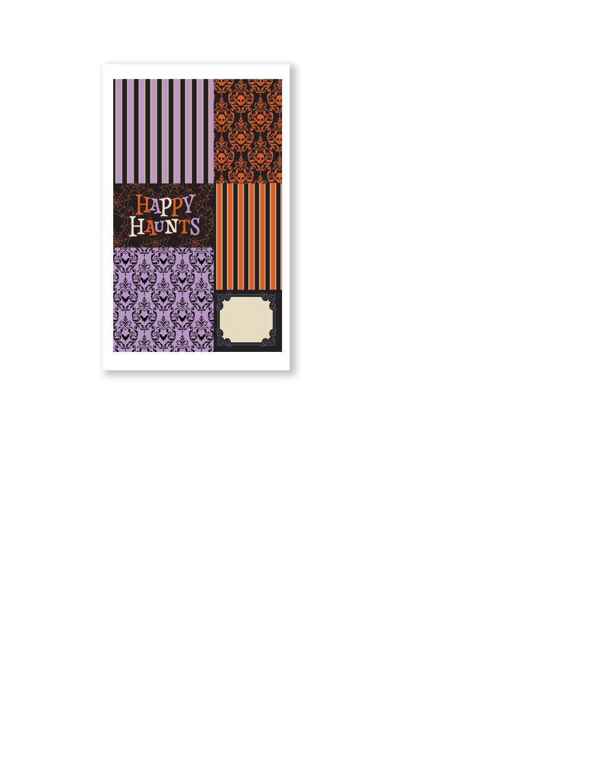 Decorative Halloween journaling boxes and labels featuring pumpkins, spooky girls, gothic frames, haunted themes, and orange purple black color palette.