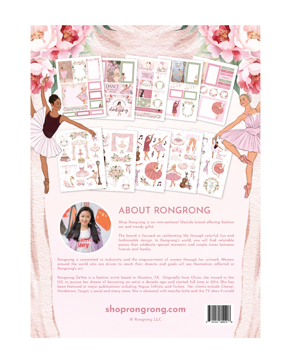 RRBallerina sticker pack back cover with ballet illustrations.