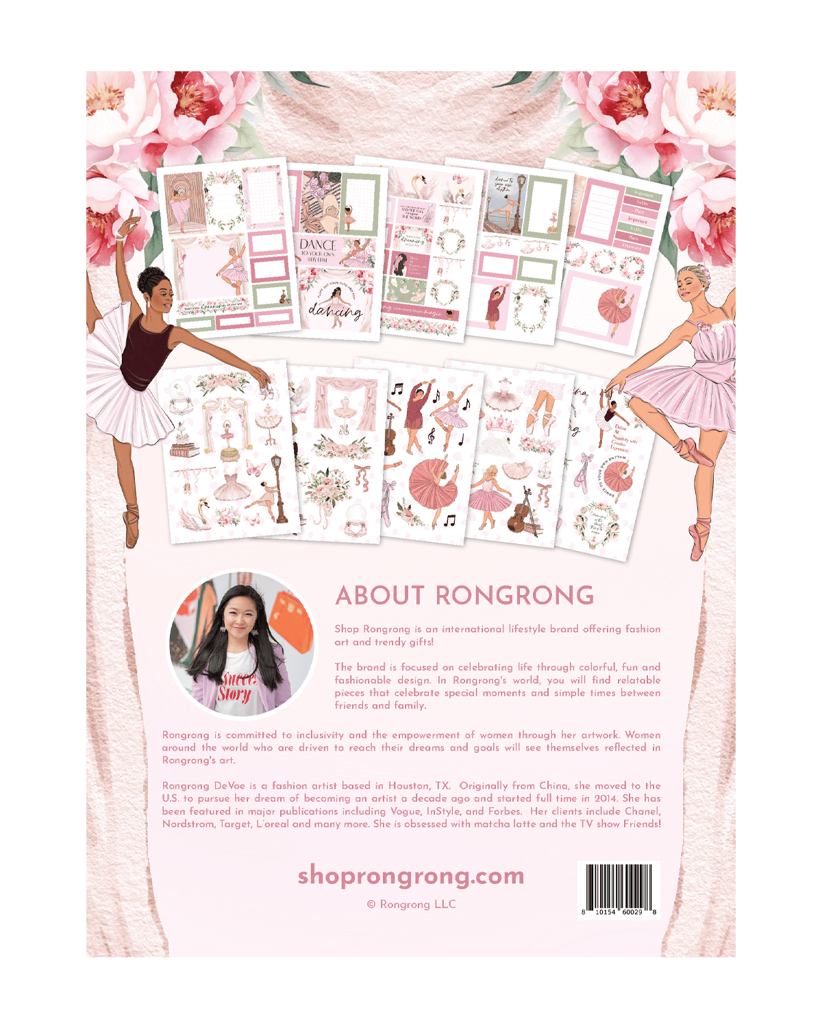 RRBallerina sticker pack back cover with ballet illustrations.
