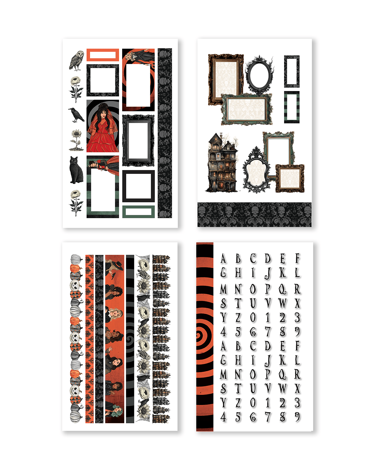 A diverse assortment of stickers with eerie motifs and bright hues, ideal for enhancing your journaling and scrapbooking projects.
