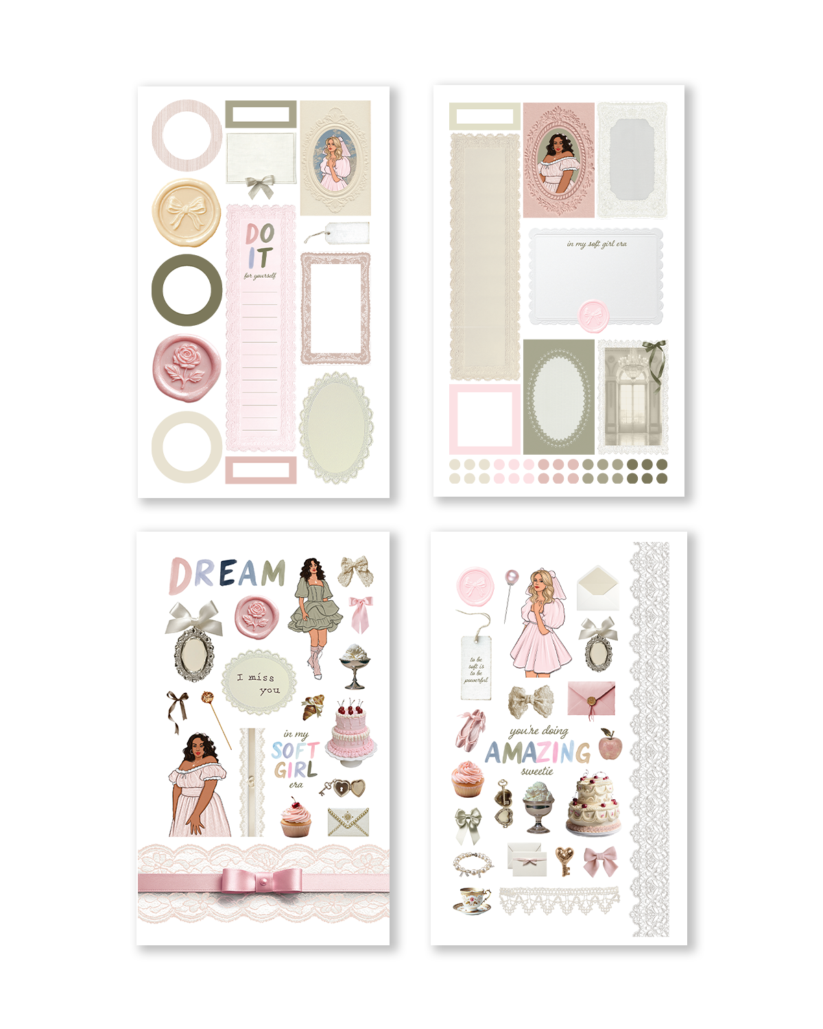 Soft girl aesthetic sticker book with bows, lace, and frames