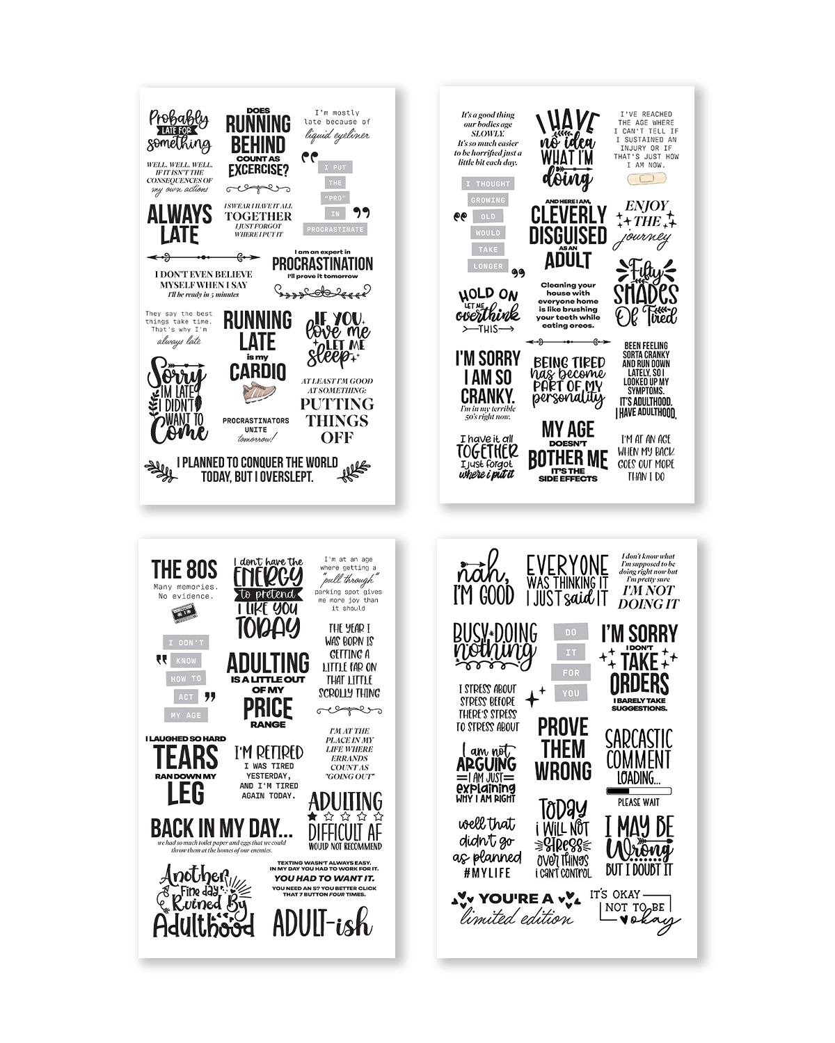 Four black and white text posters on a white background