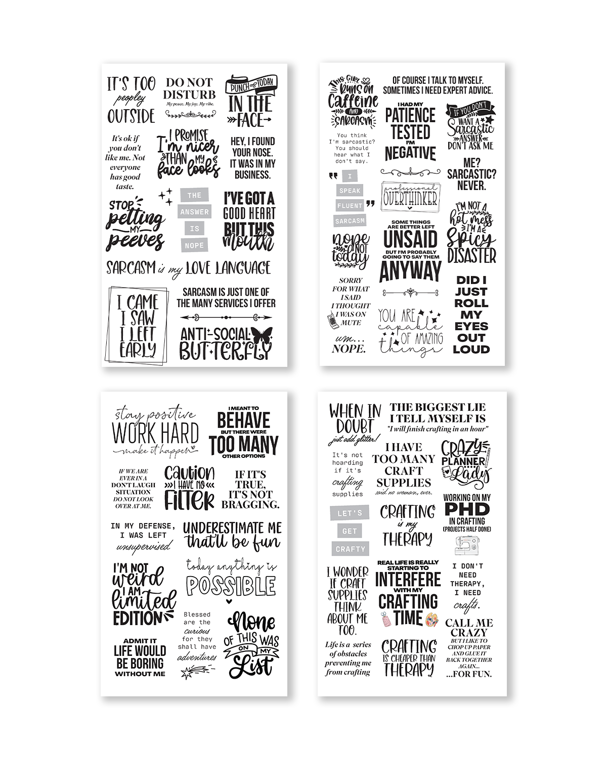 Set of four motivational and humorous prints with text on a white background