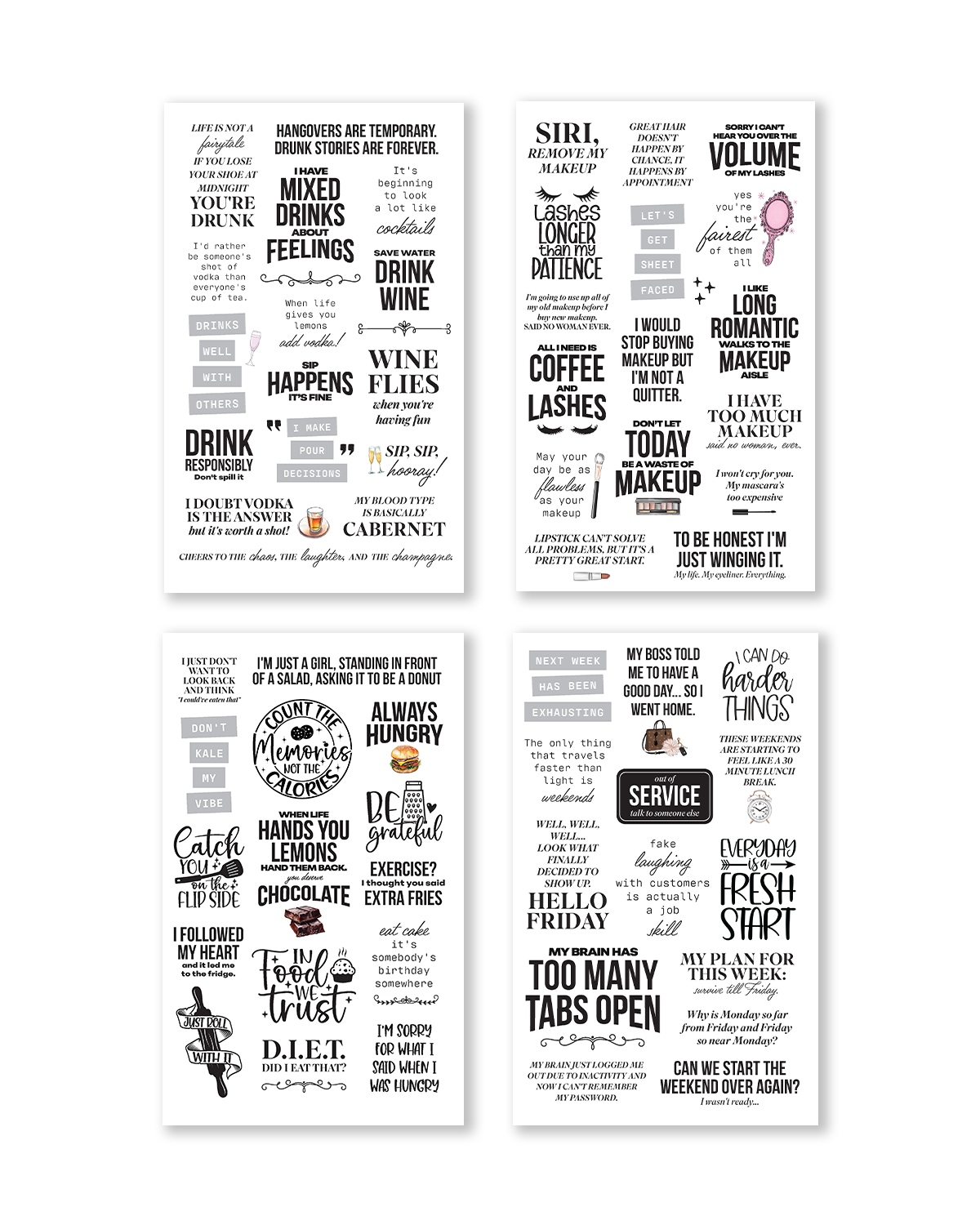 Set of four black and white typographic posters on a white background