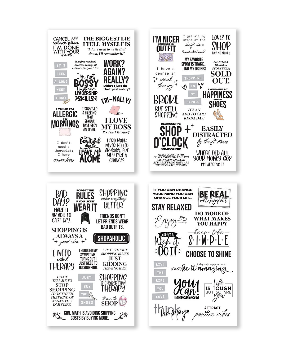 Set of four black and white motivational posters with text on a white background