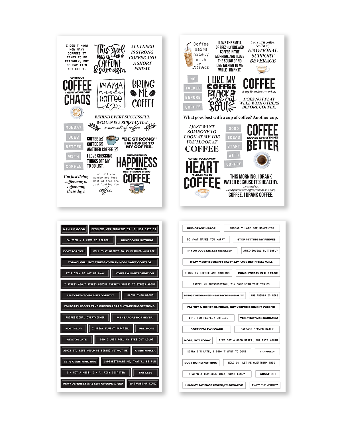 Set of coffee-themed printouts with various sayings on a white background