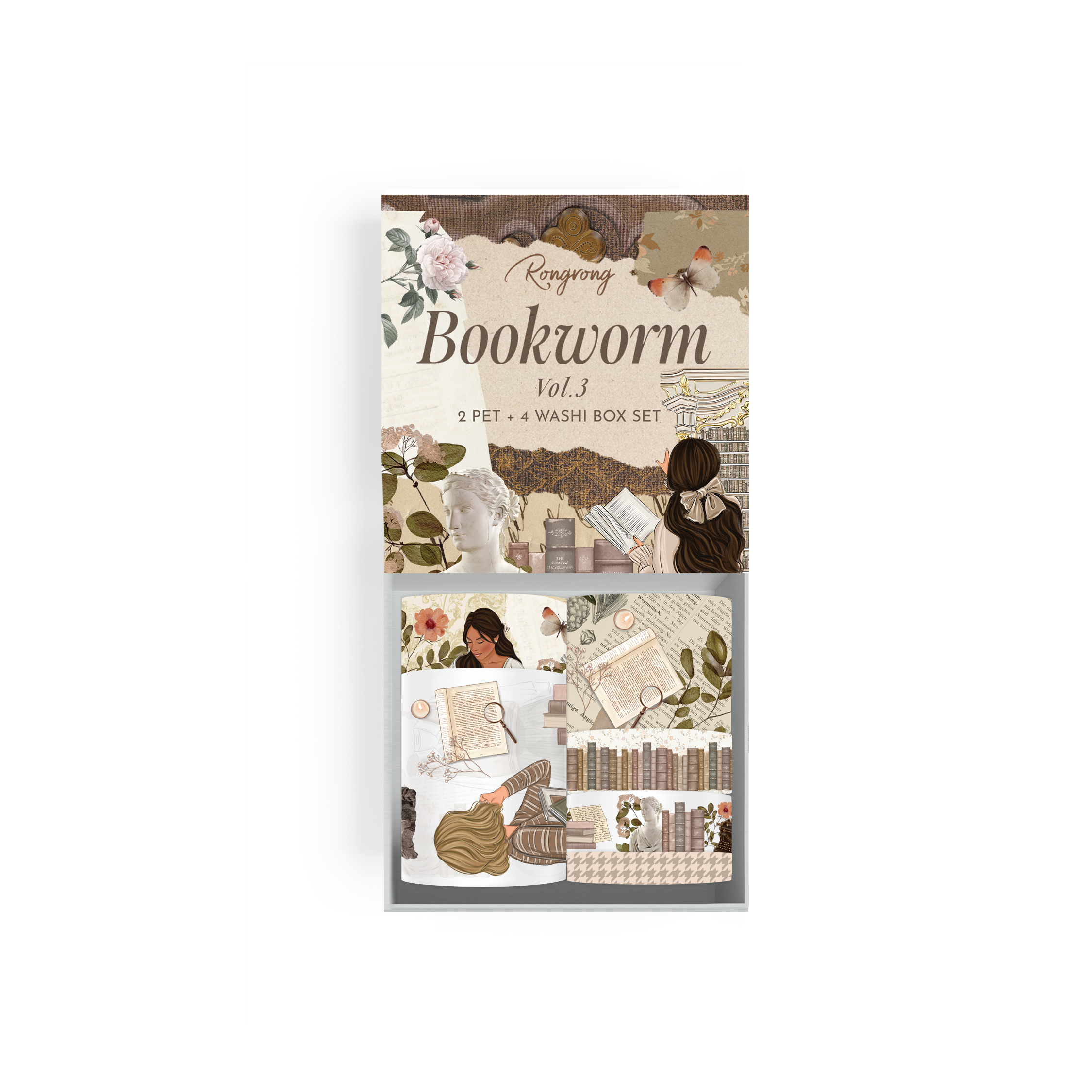 Book-themed PET and washi tape set in a collectible box for readers and journalers