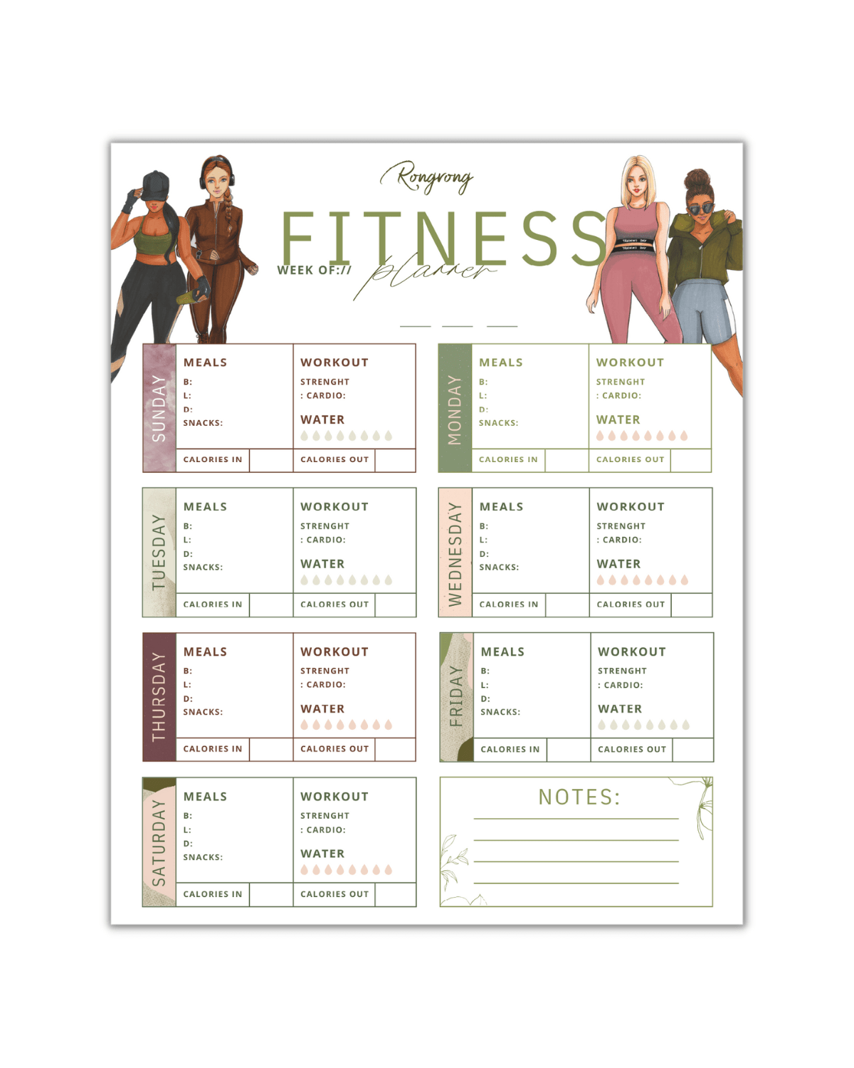 Digital fitness planner with weekly workout & meal tracker