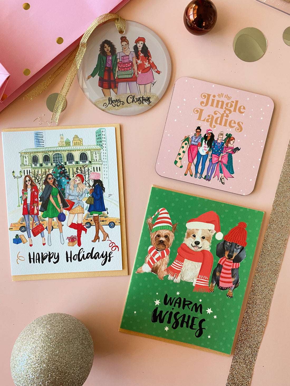 Holiday gift bag with festive greeting cards and ornaments.