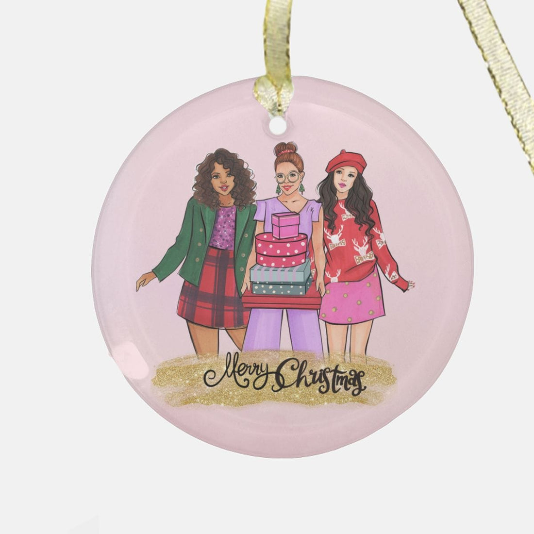 Holiday ornament with three women and gifts, Merry Christmas.