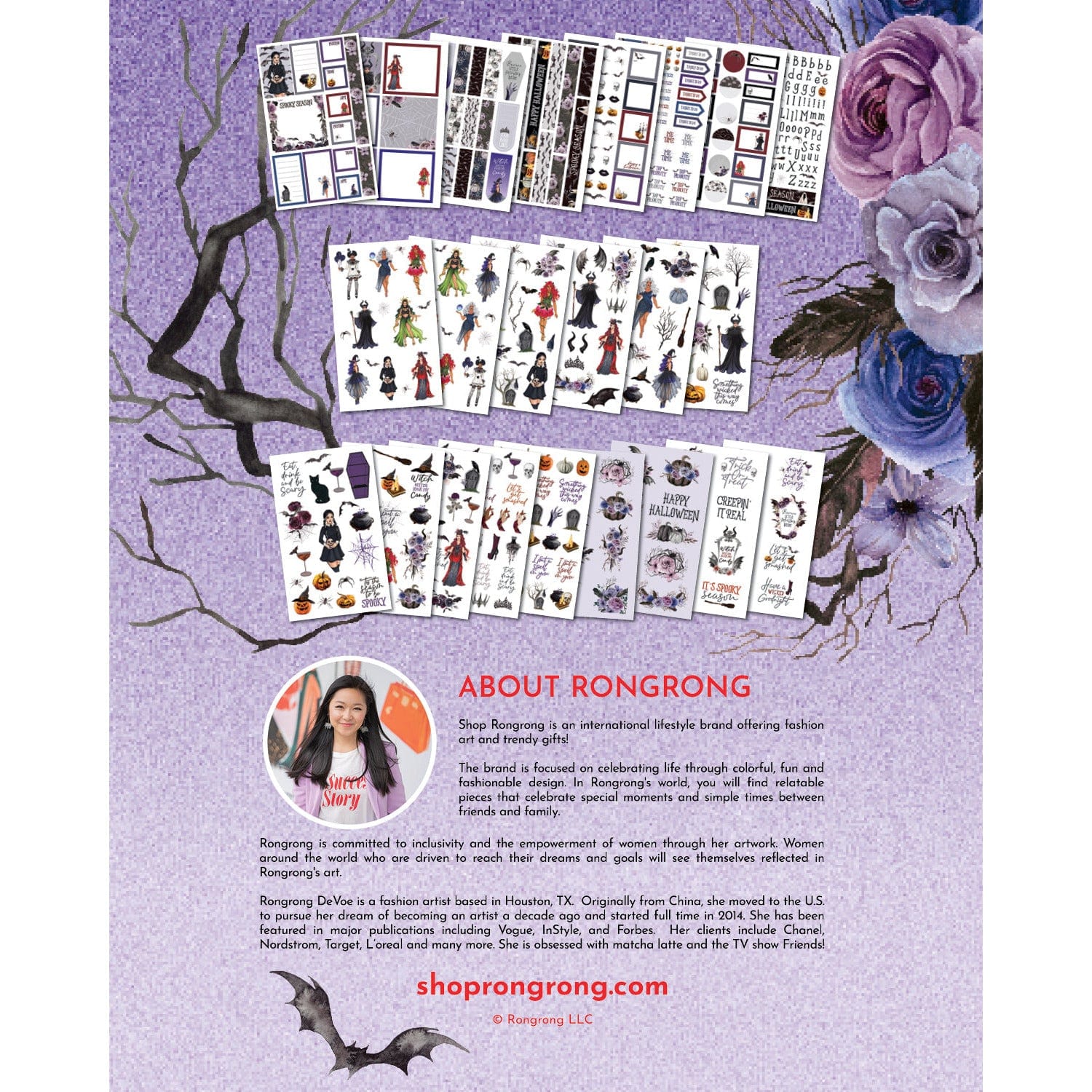 RR Halloween back cover with stickers, flowers, and Rongrong info.