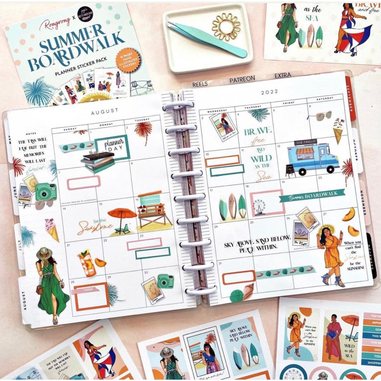 Summer Boardwalk planner sticker pack spread for August 2022
