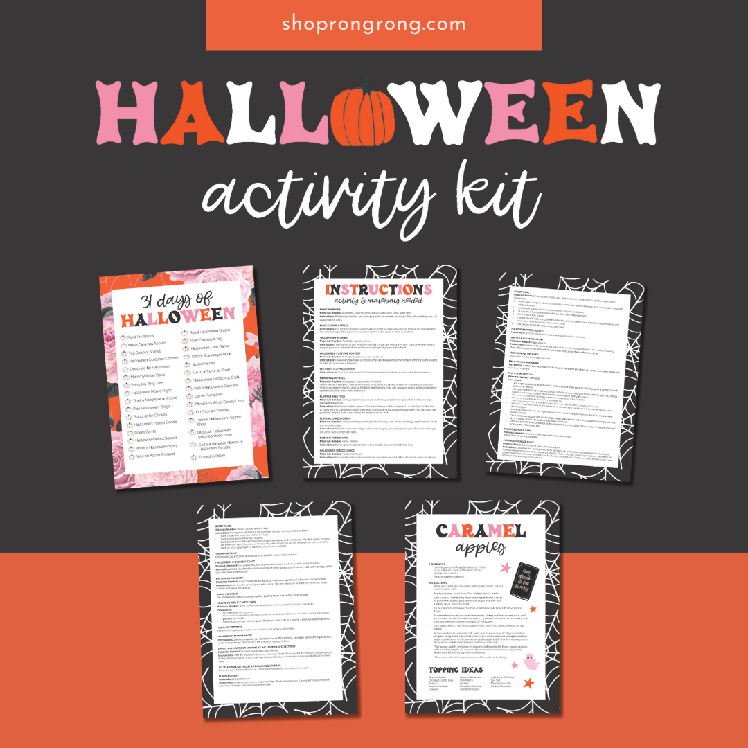Halloween activity kit featuring pumpkin painting, bingo, and scavenger hunts