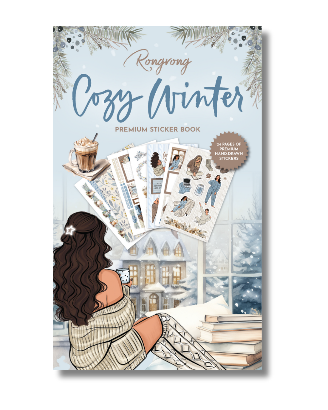 Sticker book cover featuring warm winter illustrations, including cozy sweaters, snowflakes, and hot cocoa in soft colors.